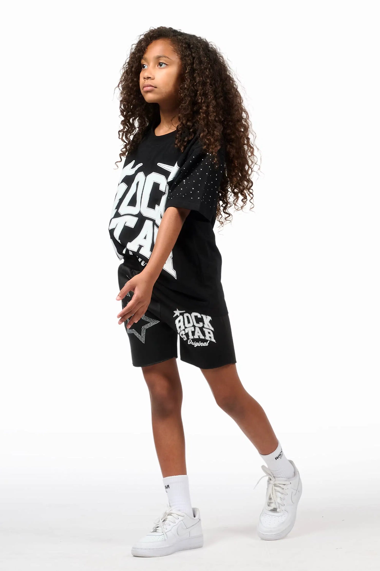 Girls Flaveya Black/Wite Rhinestone T-Shirt Short Set