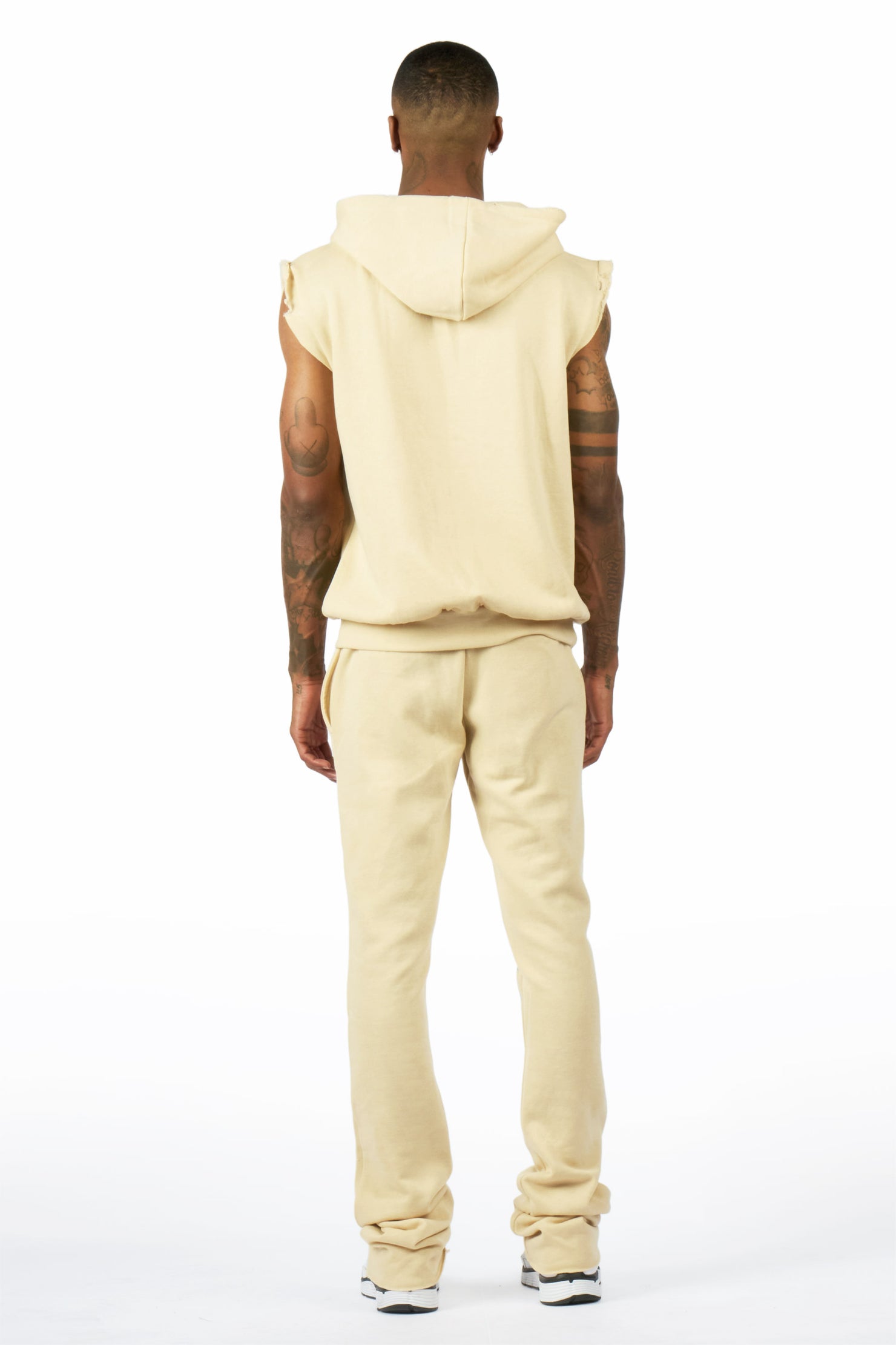 Colorful Race Beige Cut Sleeve Hoodie Stacked Track Set