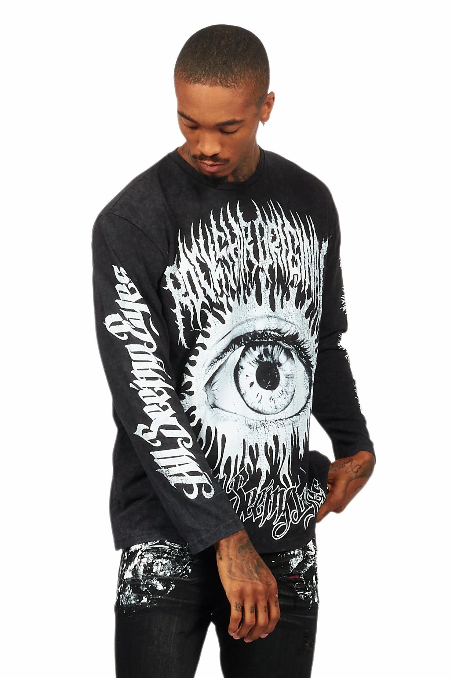 All Seeing Eyes Vintage Black Long Sleeve Graphic T-Shirt