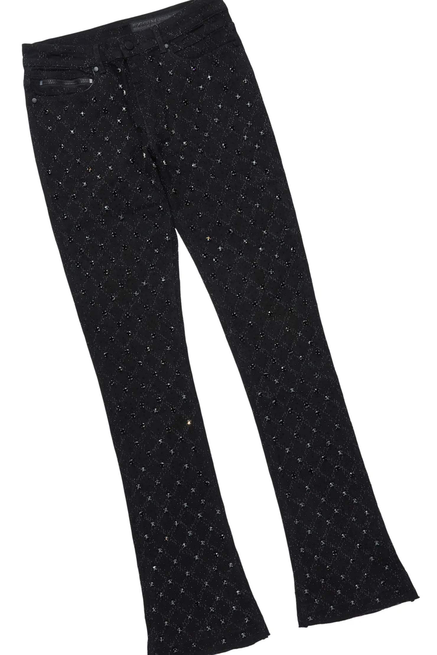 Glit Jet Black Rhinestone Denim Jacket/Stacked Flare Jean Set