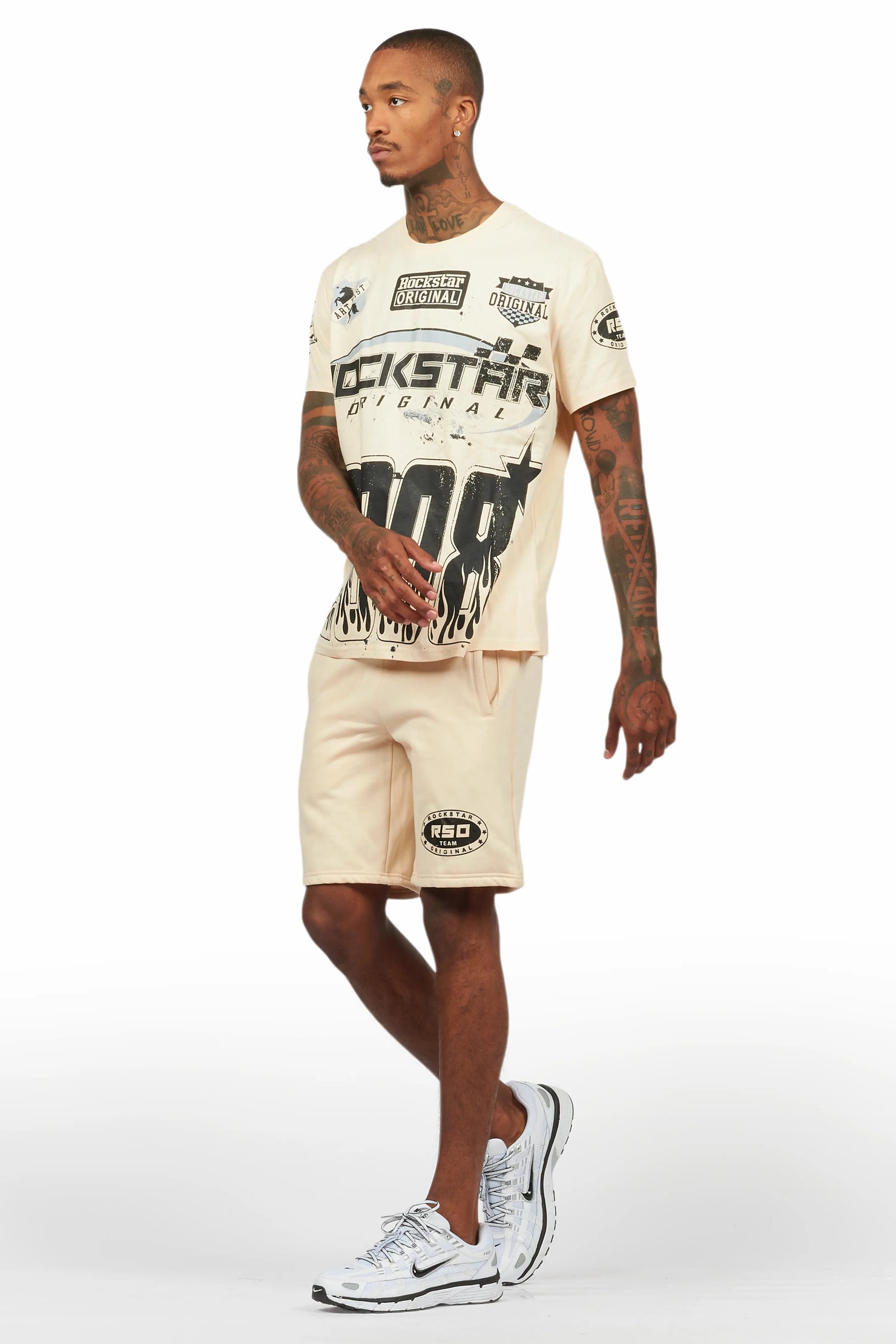 Amos Beige Graphic T-Shirt Short Set