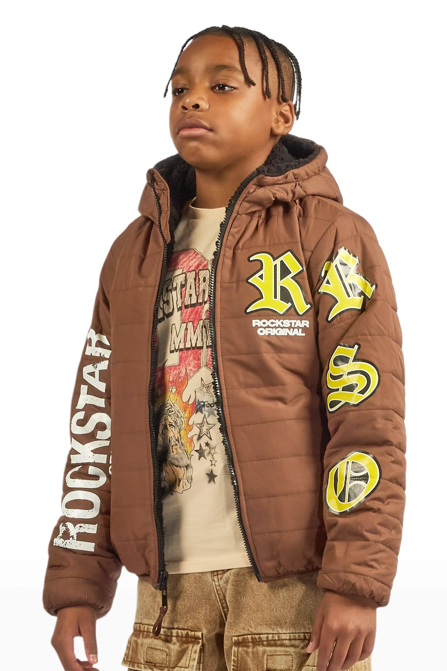 Boys Daegan Brown/Black Reversible Fur Puffer Jacket