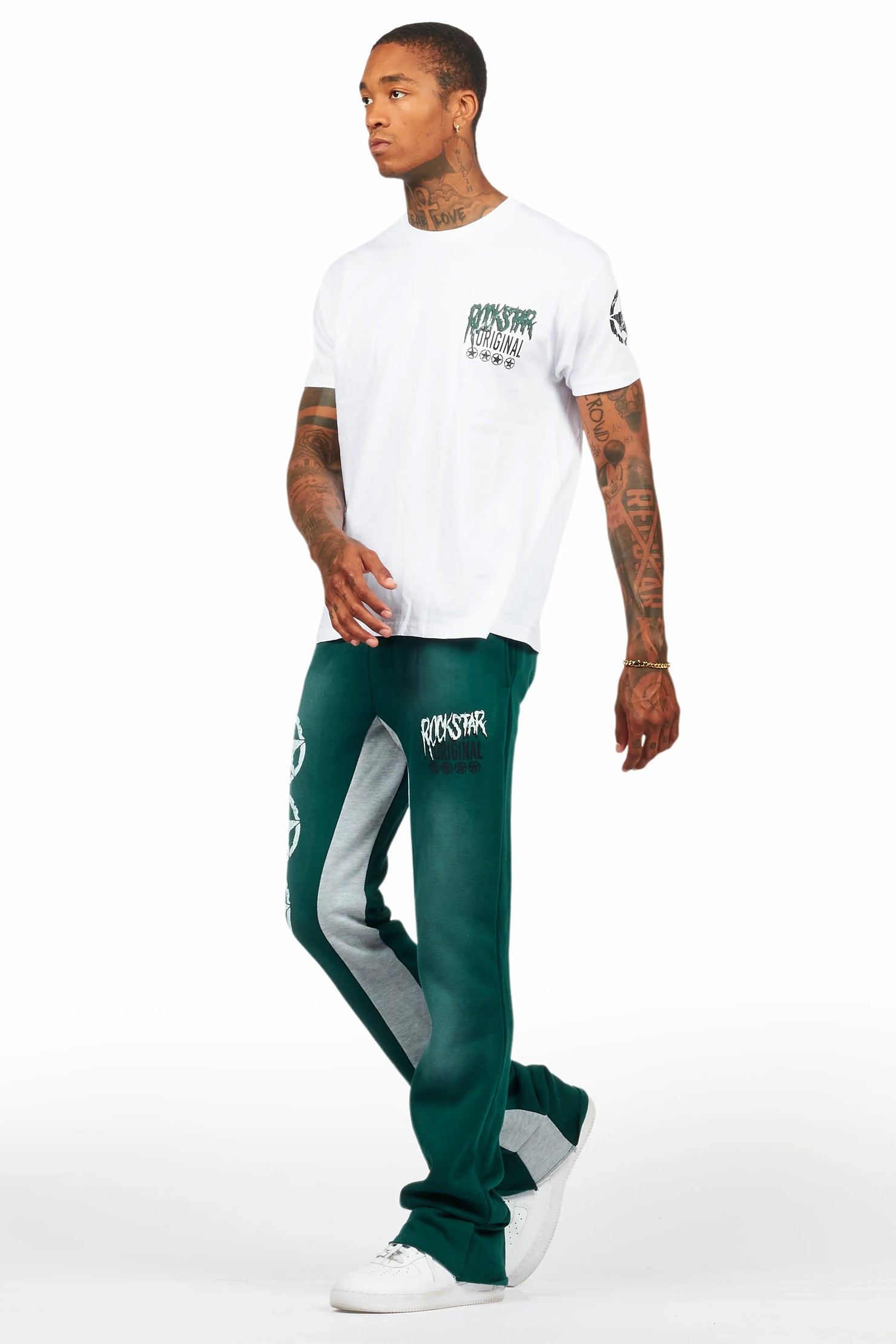 Wizzurd White/Green T-Shirt/Stacked Baggy Track Pant Set