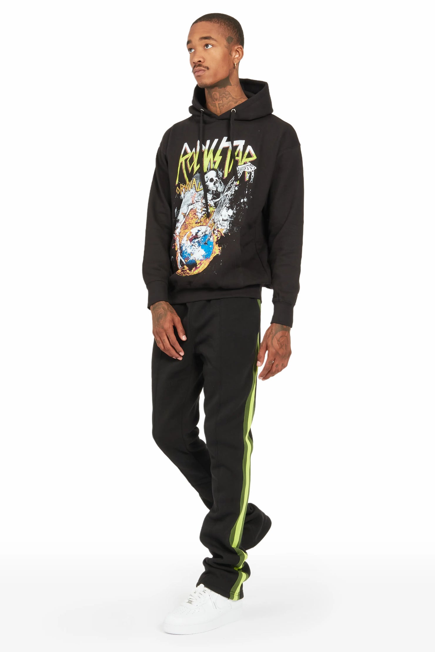 Ramone Black/Green Graphic Hoodie Track Pant Set