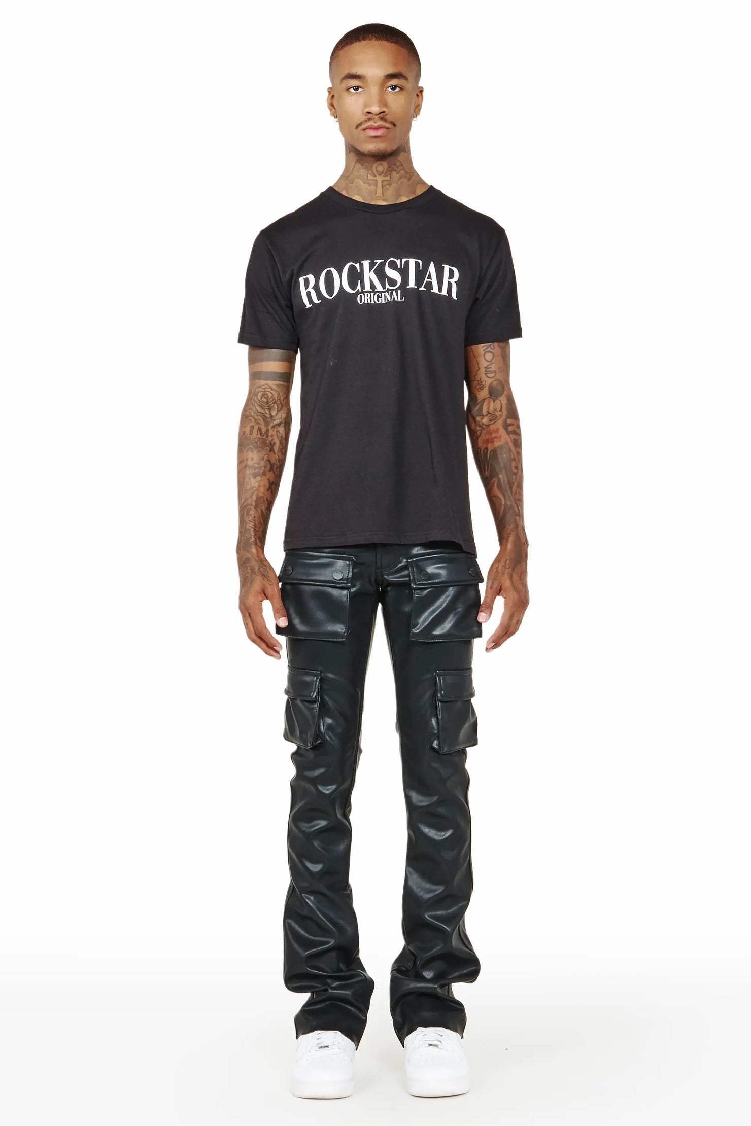 Khaza Black Faux Leather Stacked Flare Jean