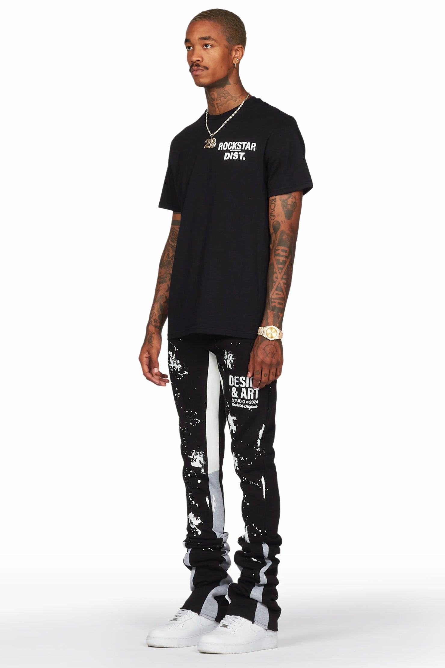 Damone Black Super Stacked Flare Track Pant