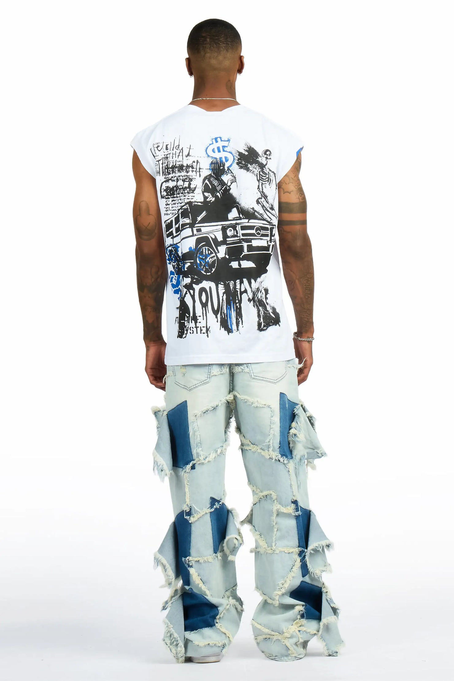 Grill 3.0 White/Blue Oversized Graphic T-Shirt & Jacomus Baggy Fit Jean Set