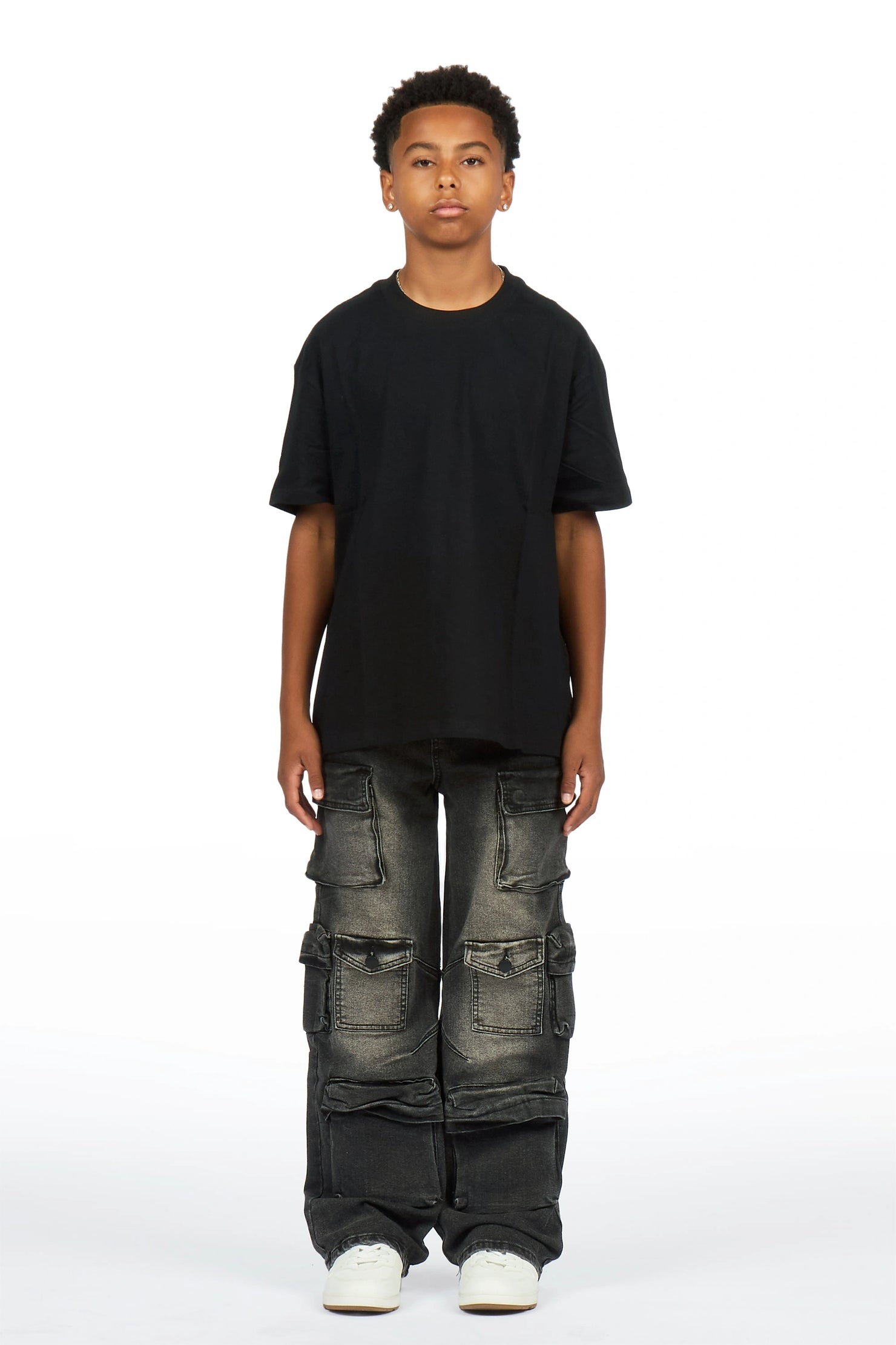 Boys Mahesh Dark Grey Tint Wash  Baggy Cargo Jean