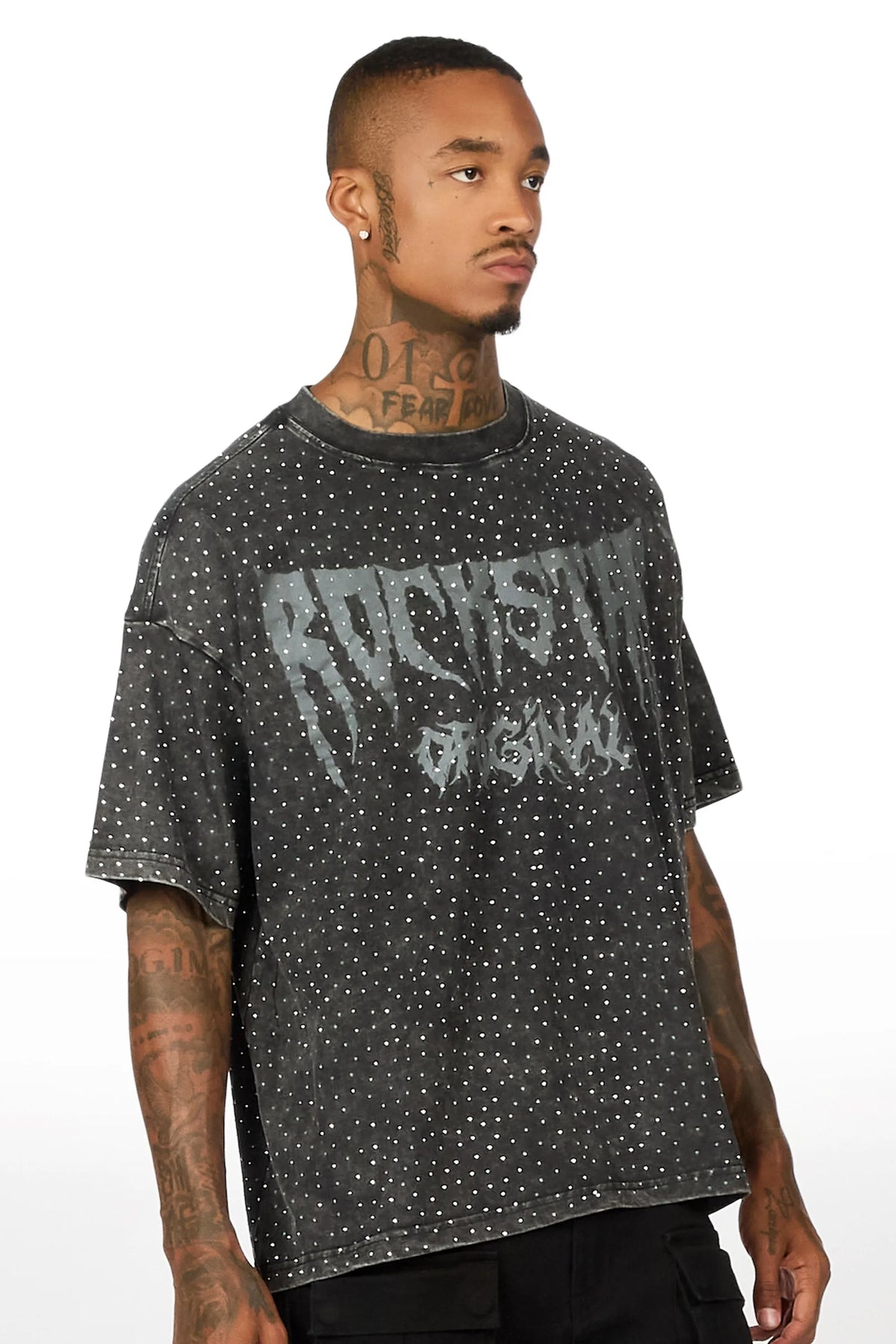 Andros Black Rhinestone Oversized Graphic T-Shirt