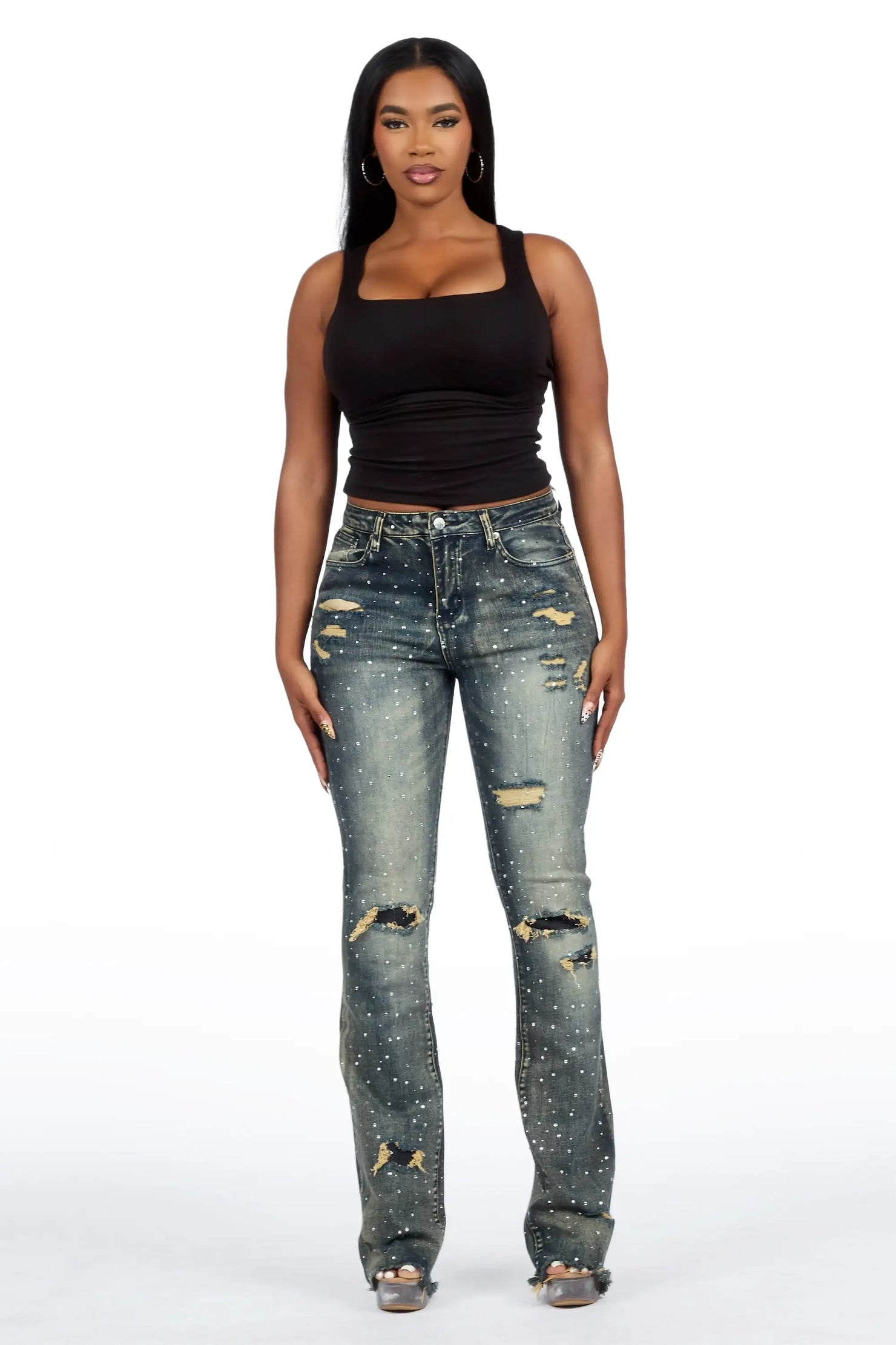 Kelle Tint Wash Rhinestone Stacked Jean