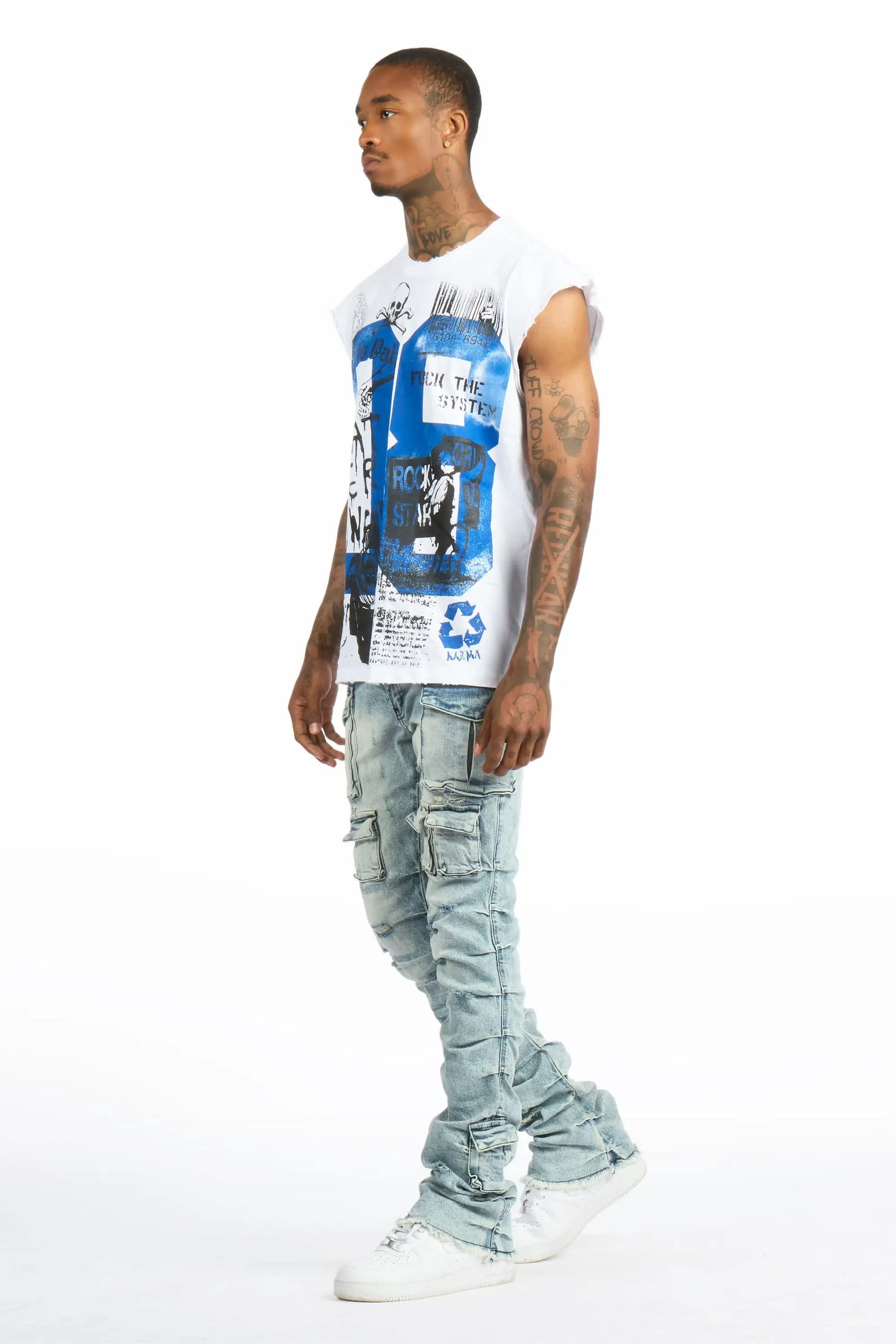 Grill 2.0 White/Light Blue Oversized Graphic T-Shirt & Gentry Stacked Flare Jean Set