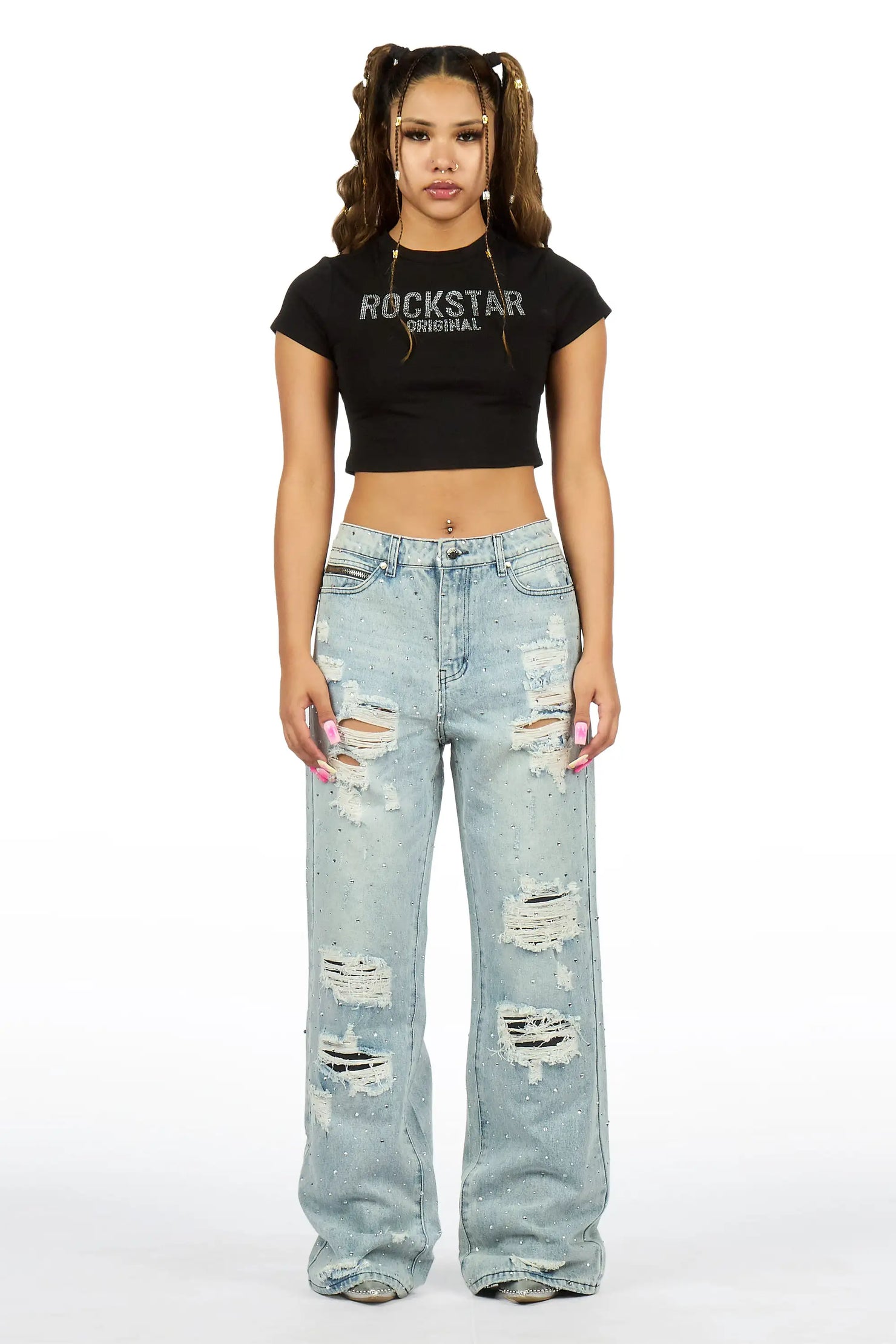 Amayah Light Wash Rhinestone Baggy Fit Jean
