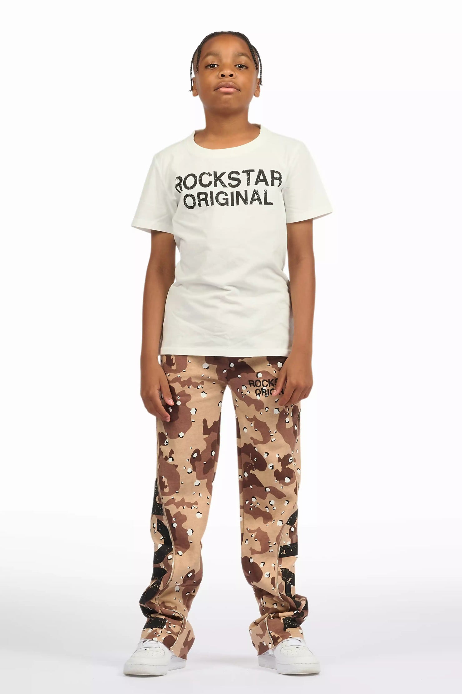 Boys Deniska White/Camo T-Shirt Baggy Stacked Flare Set