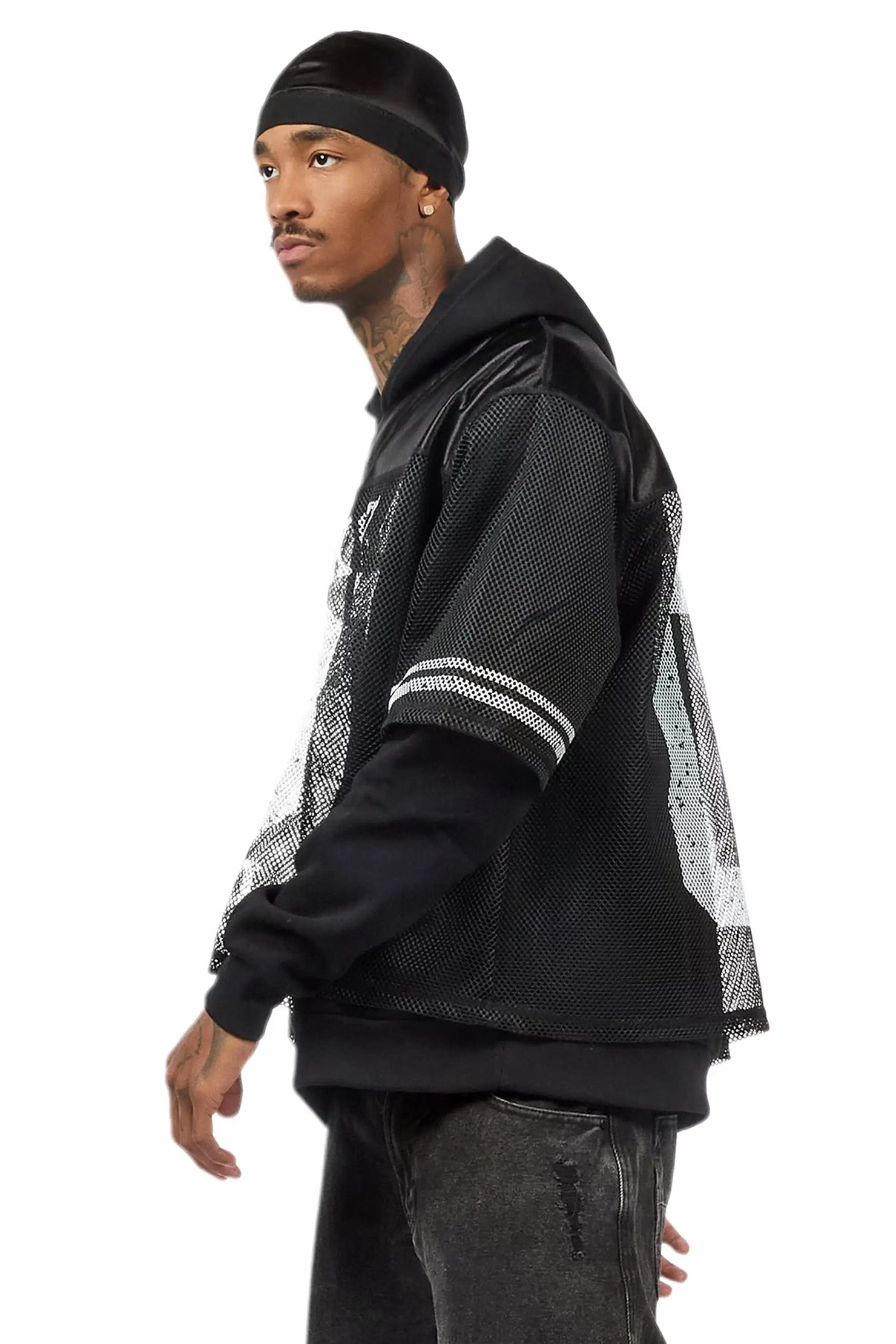 Syncamore Black/White Double Layer Graphic Jersey Hoodie