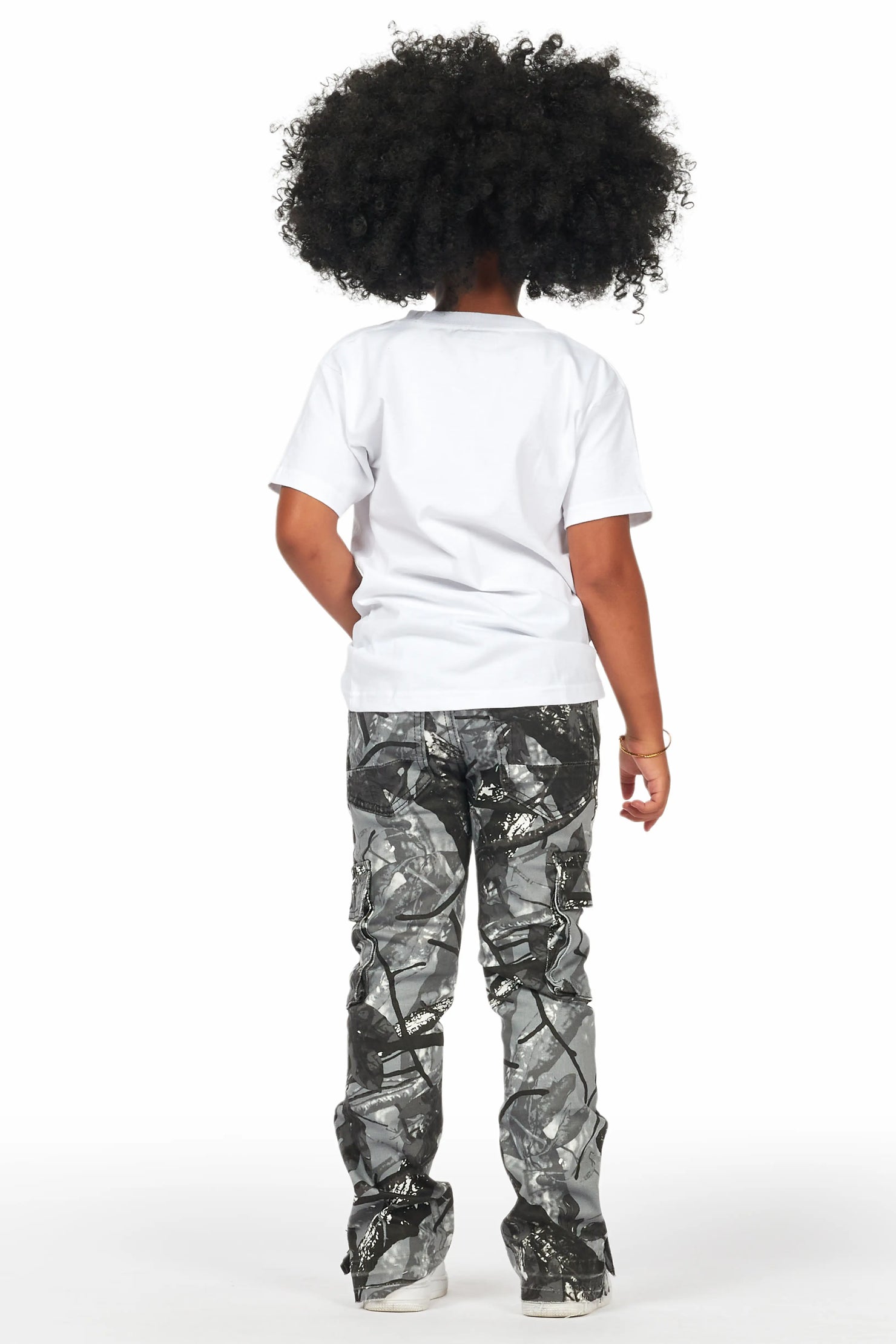 Girls Amiry Grey Camo Stacked Flare Cargo Jean