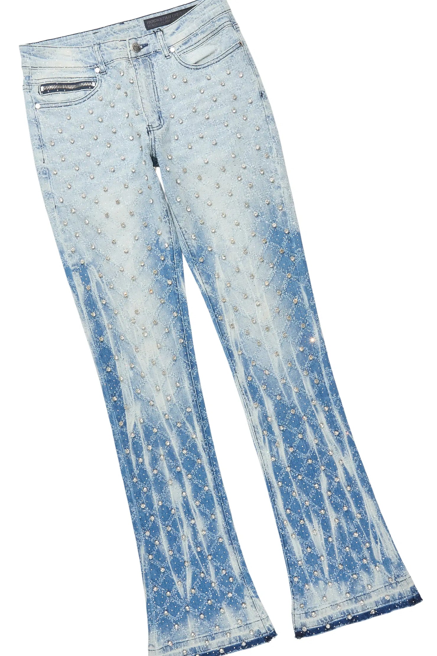 Glit Dark Blue Rhinestone Denim Jacket/Stacked Flare Jean Set