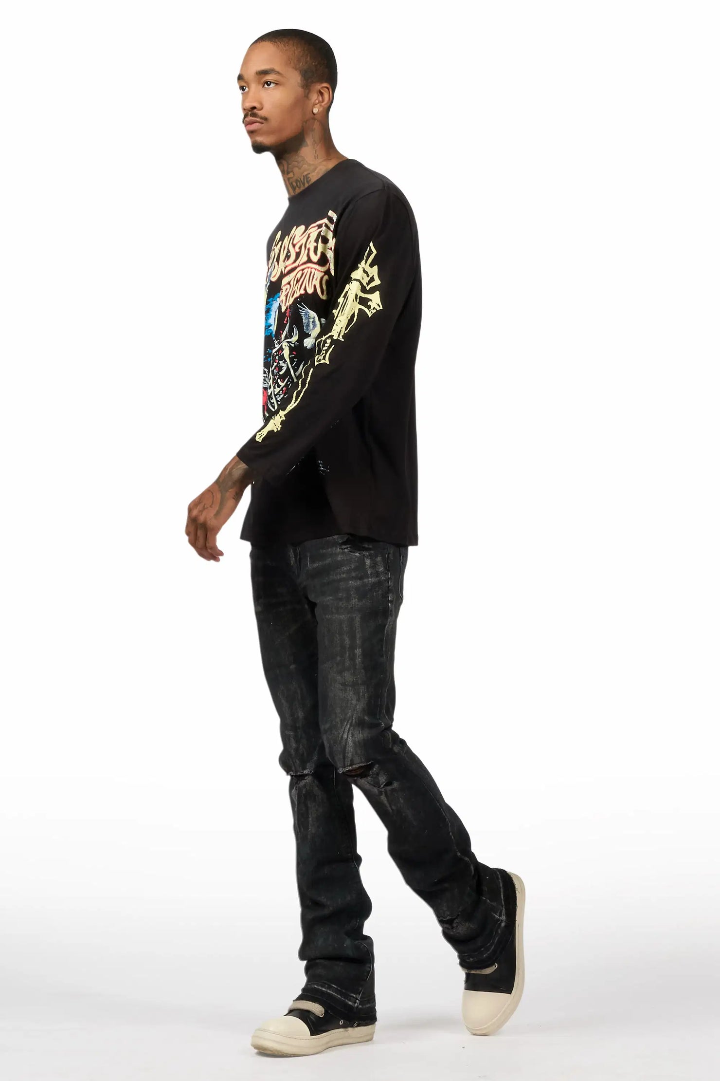 Danby Black Long Sleeve & Inkspill Grey Oil Wash Stacked Flare Jean Bundle