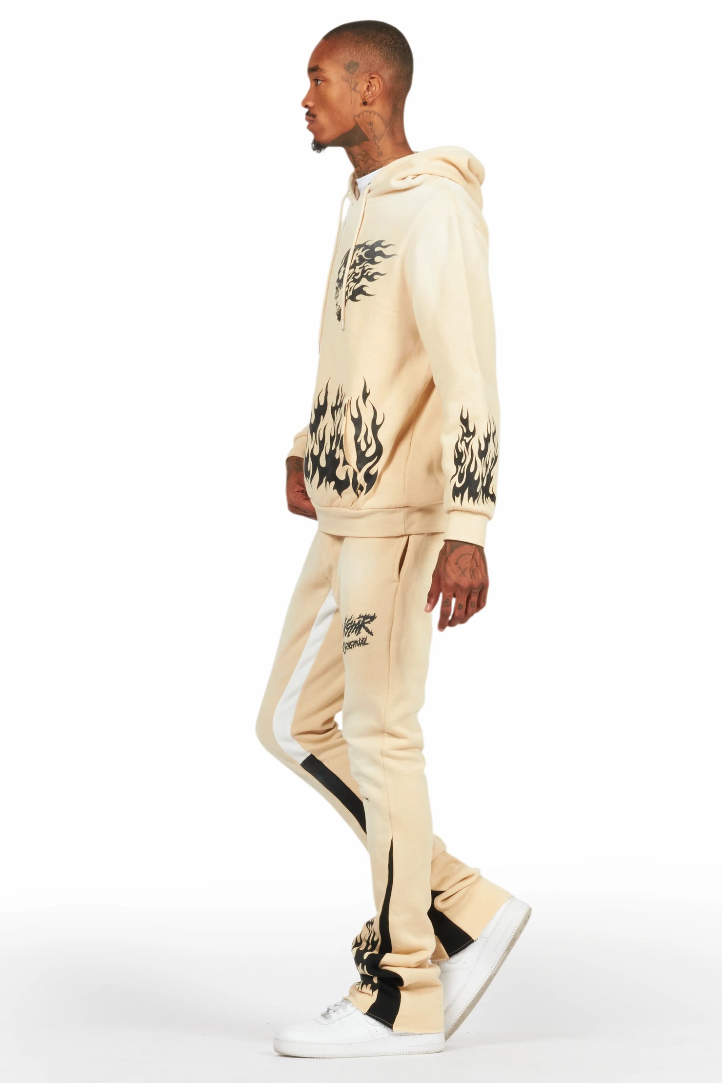 Bubble Beige Stacked Flare Hoodie Track Set