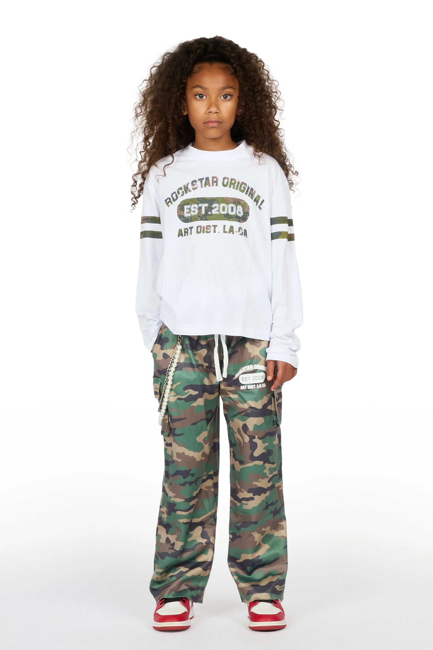 Girls Alexa White/Camo Long Sleeve Shirt Double Waisted Super Baggy Track Set