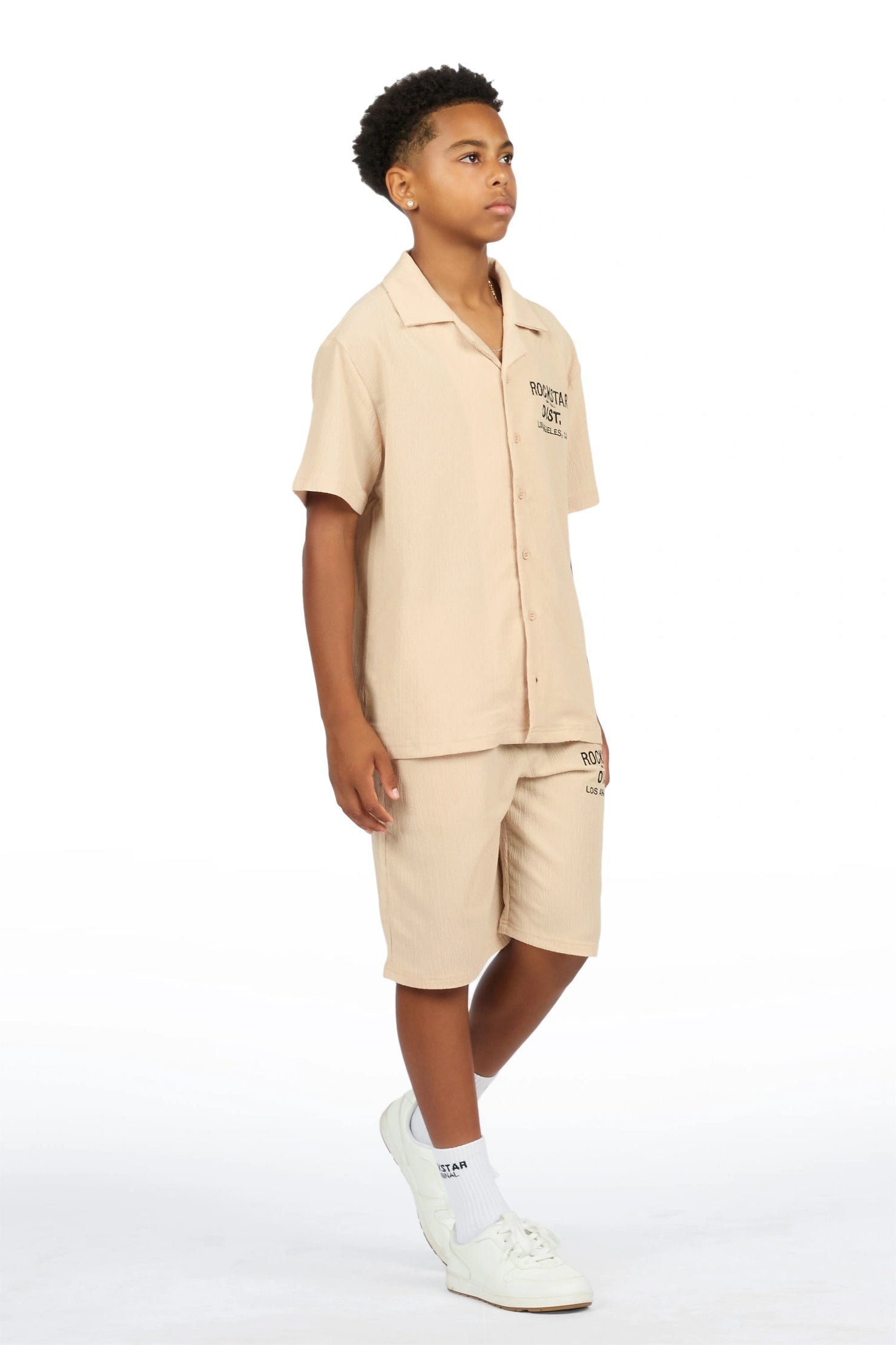 Boys Kason Beige Button Down Shirt/Short Set
