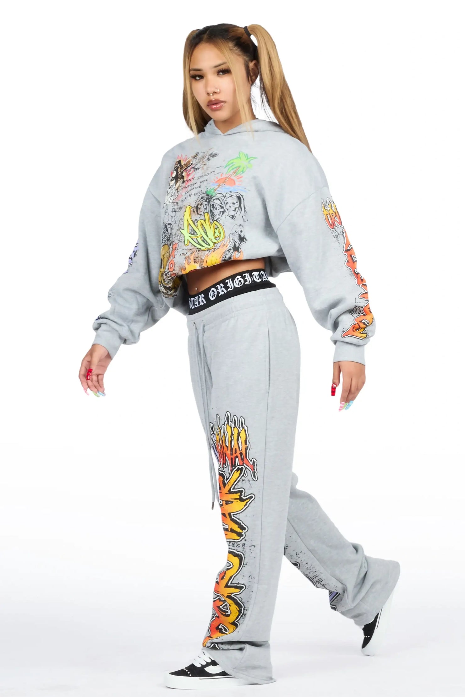 Luxoré Heather Grey Graphic Baggy Fit Track Set