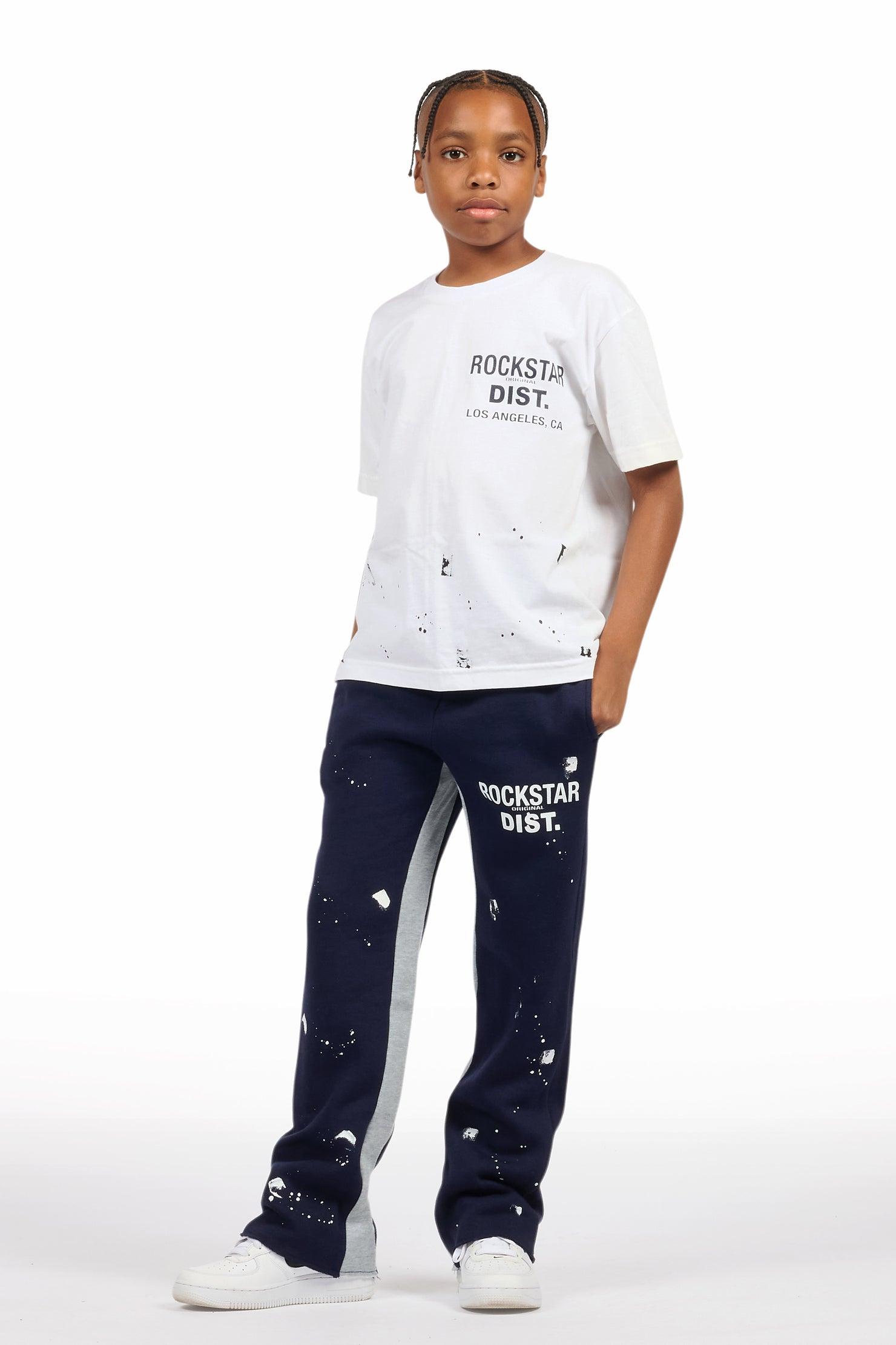 Boys Raffer White/Navy T-Shirt/Baggy Stacked Pant Set