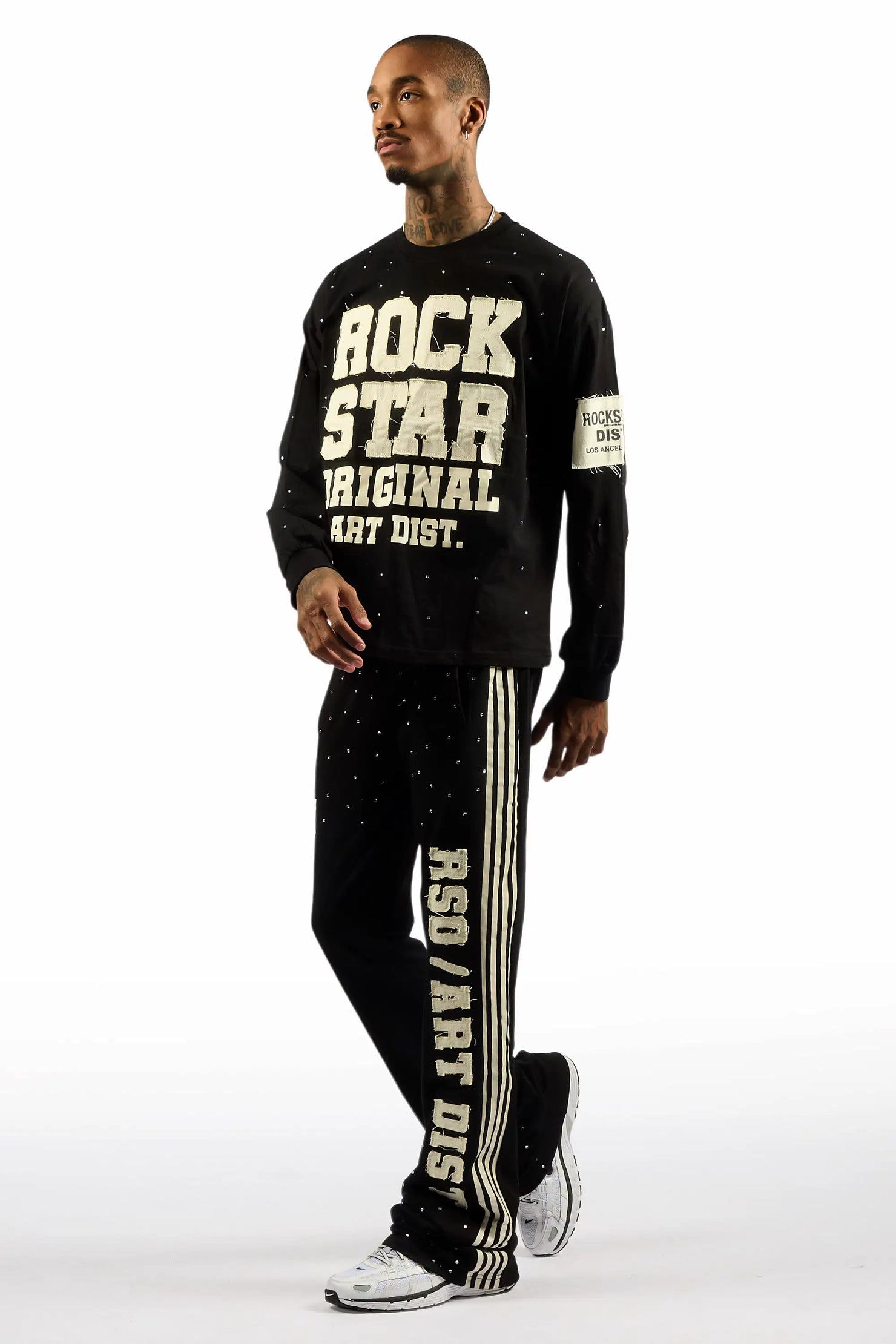 Yulian Black Rhinestone Long Sleeve T-Shirt/Baggy Stacked Track Set