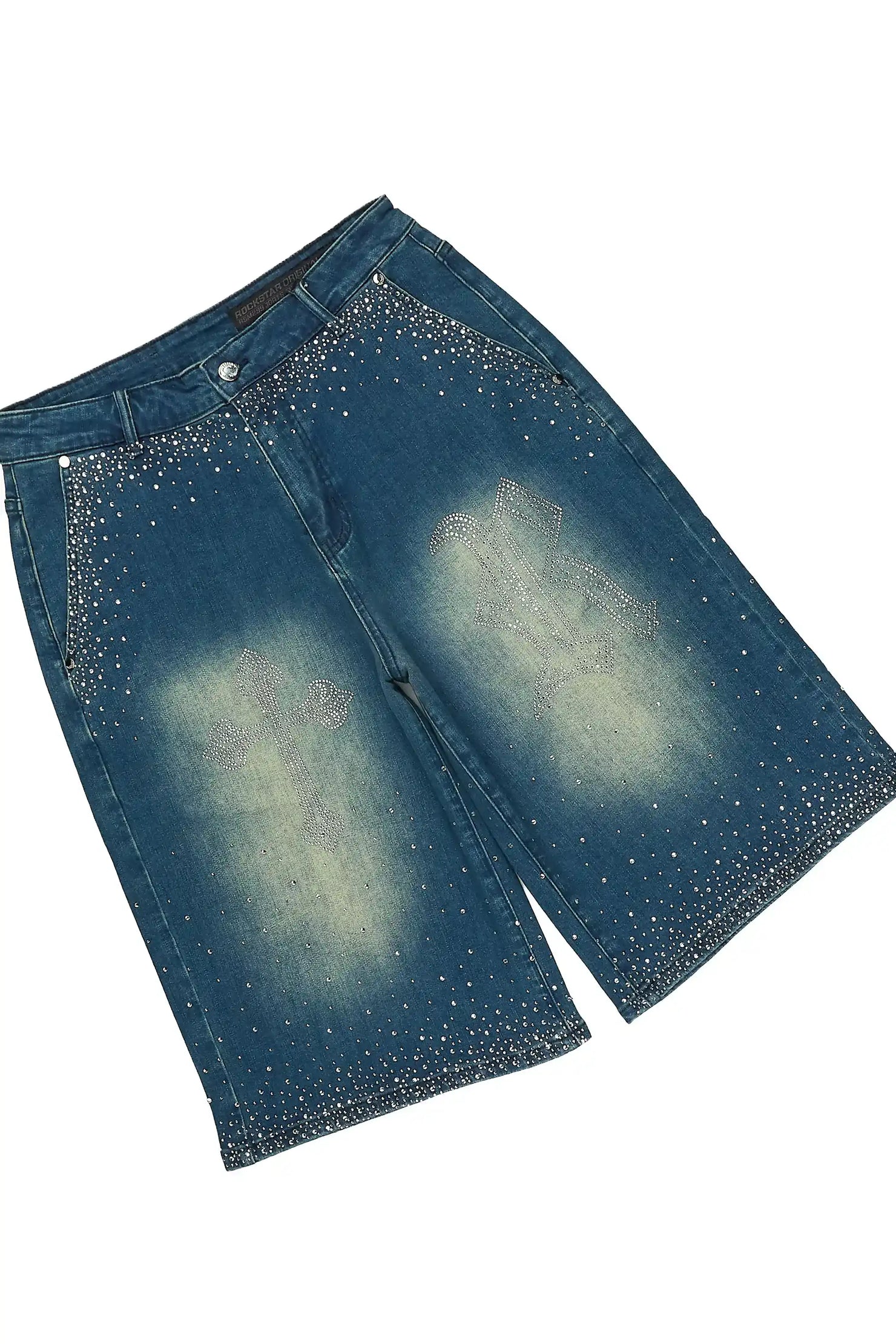 Clemente Medium Blue Rhinestone Button Down Shirt Denim Short Set