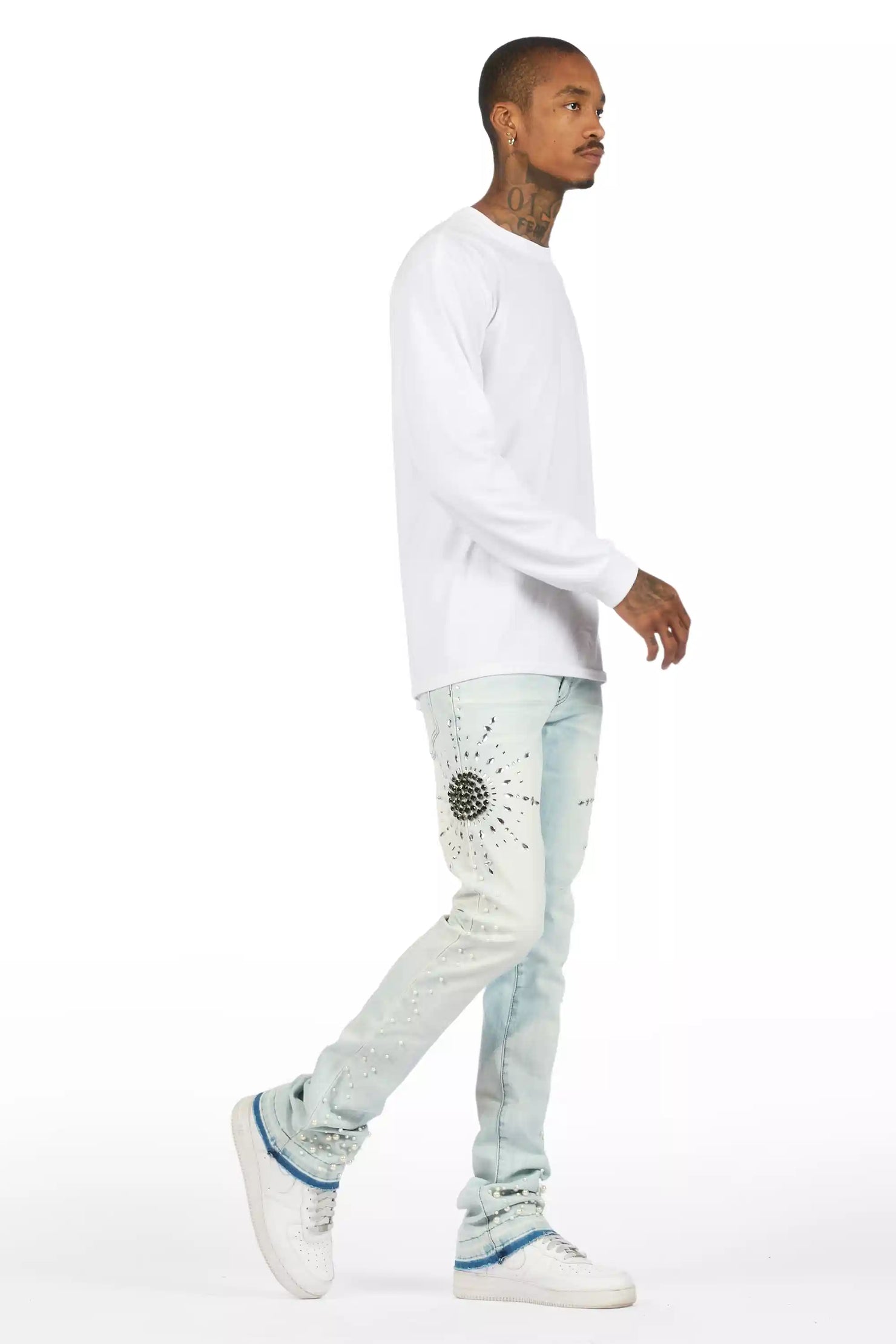 Tryst Light Blue Rhinestone Stacked Flare Jean