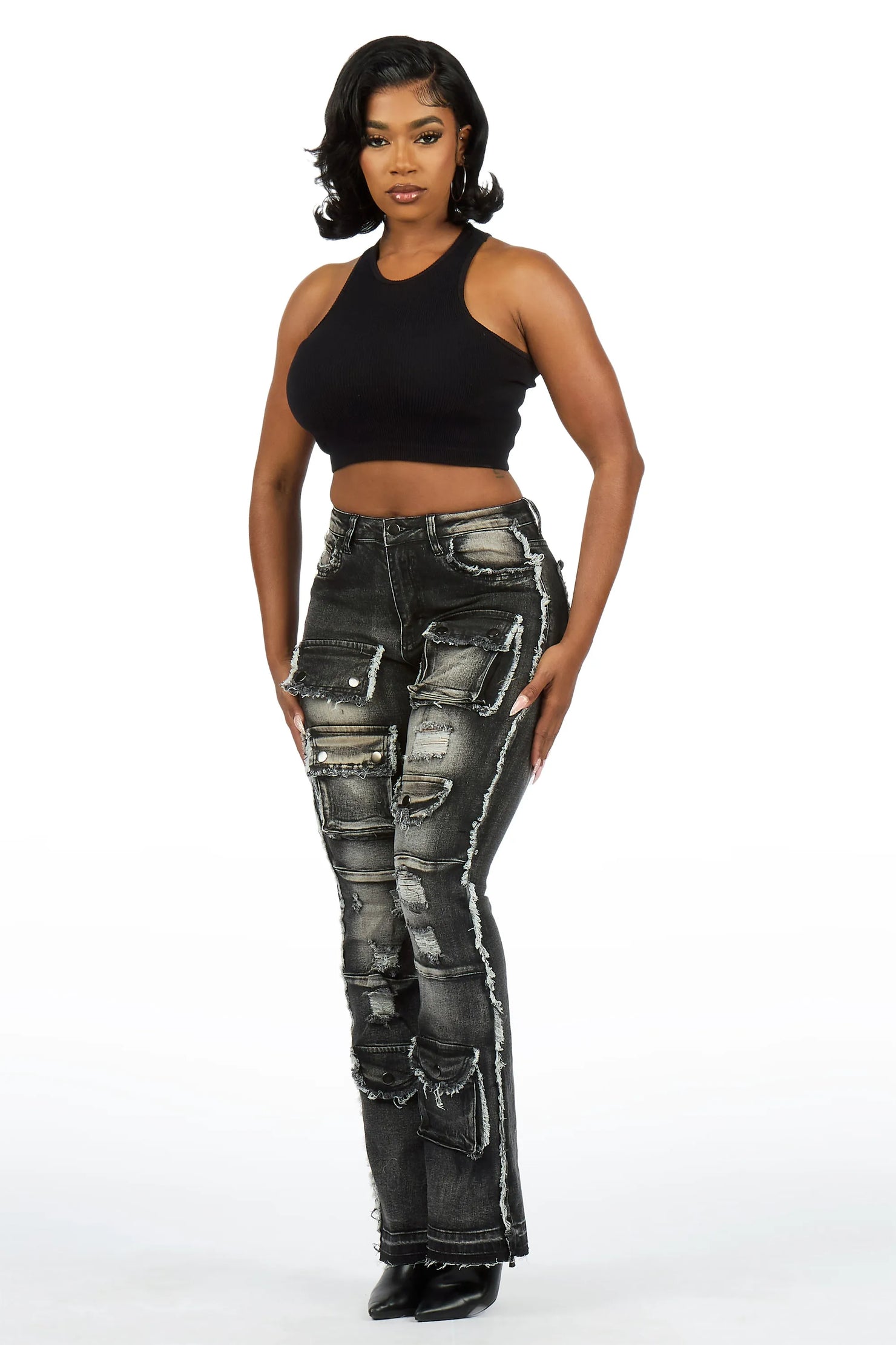 Nyxia Black Cargo Super Stacked Jean