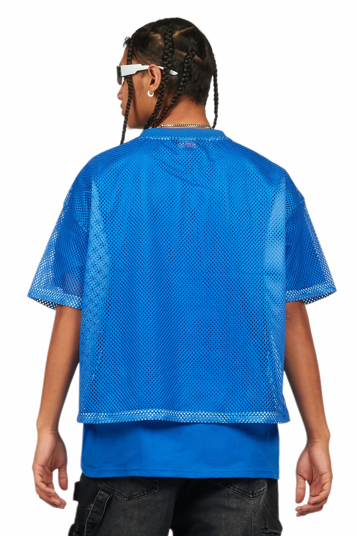 Sabas Royal Blue Graphic Crop Top Mesh Jersey