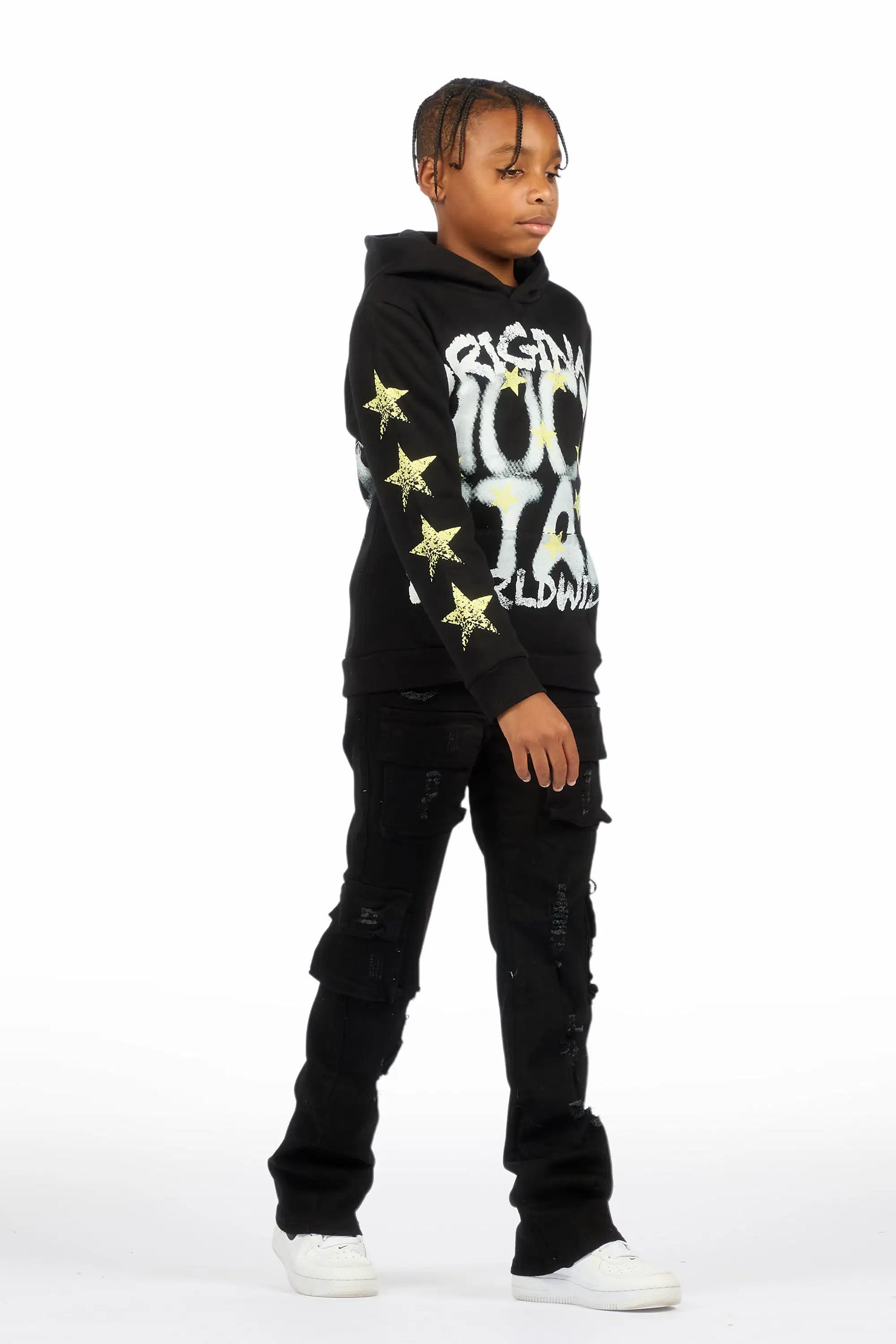 Boys Xaerys Black Hoodie/Stacked Jean Set