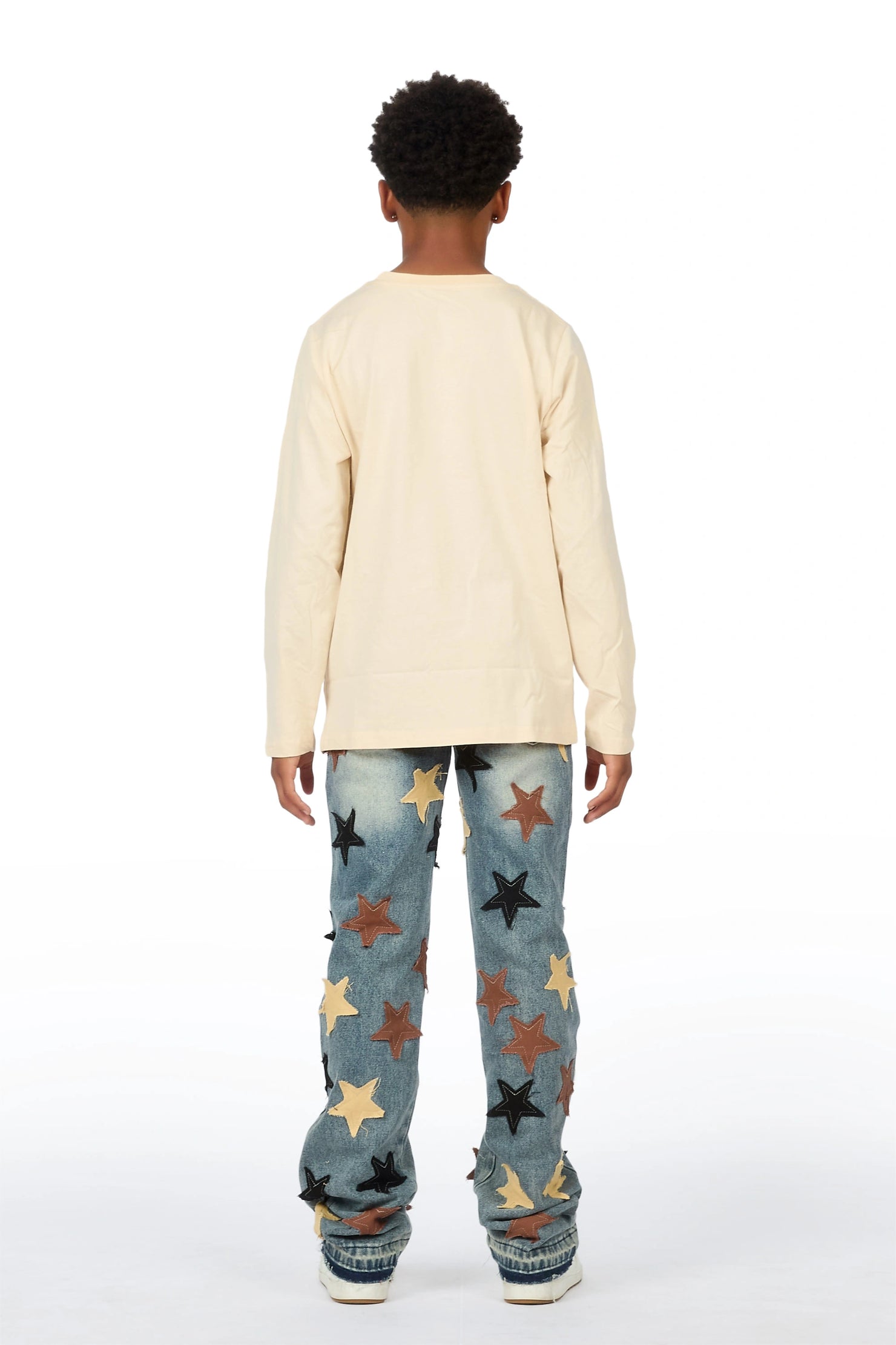 Boys Wilder Sand/Blue Long Sleeve T-shirt Patchwork Jean Set