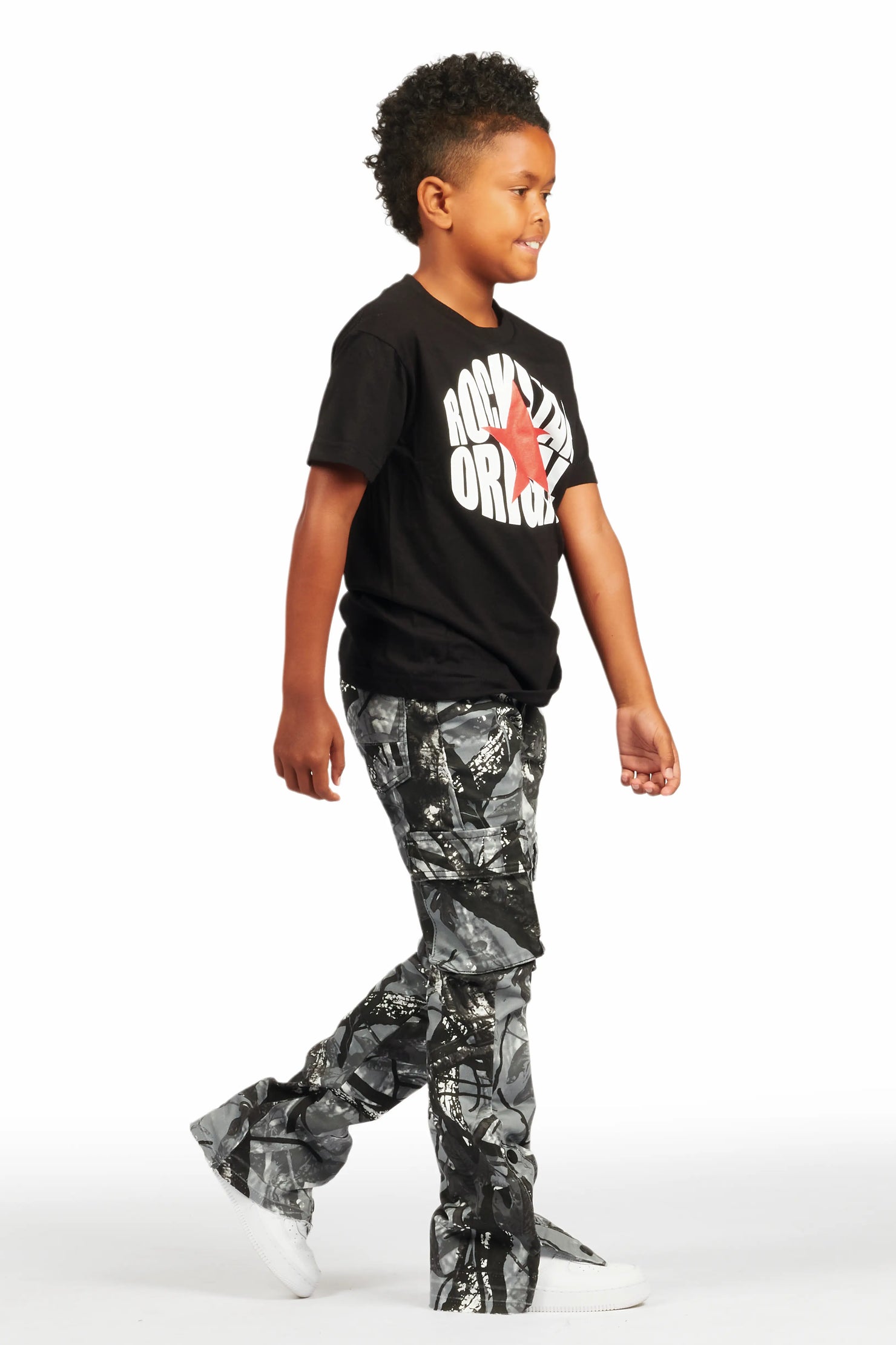 Boys Waage Grey Camo Stacked Flare Cargo Jean