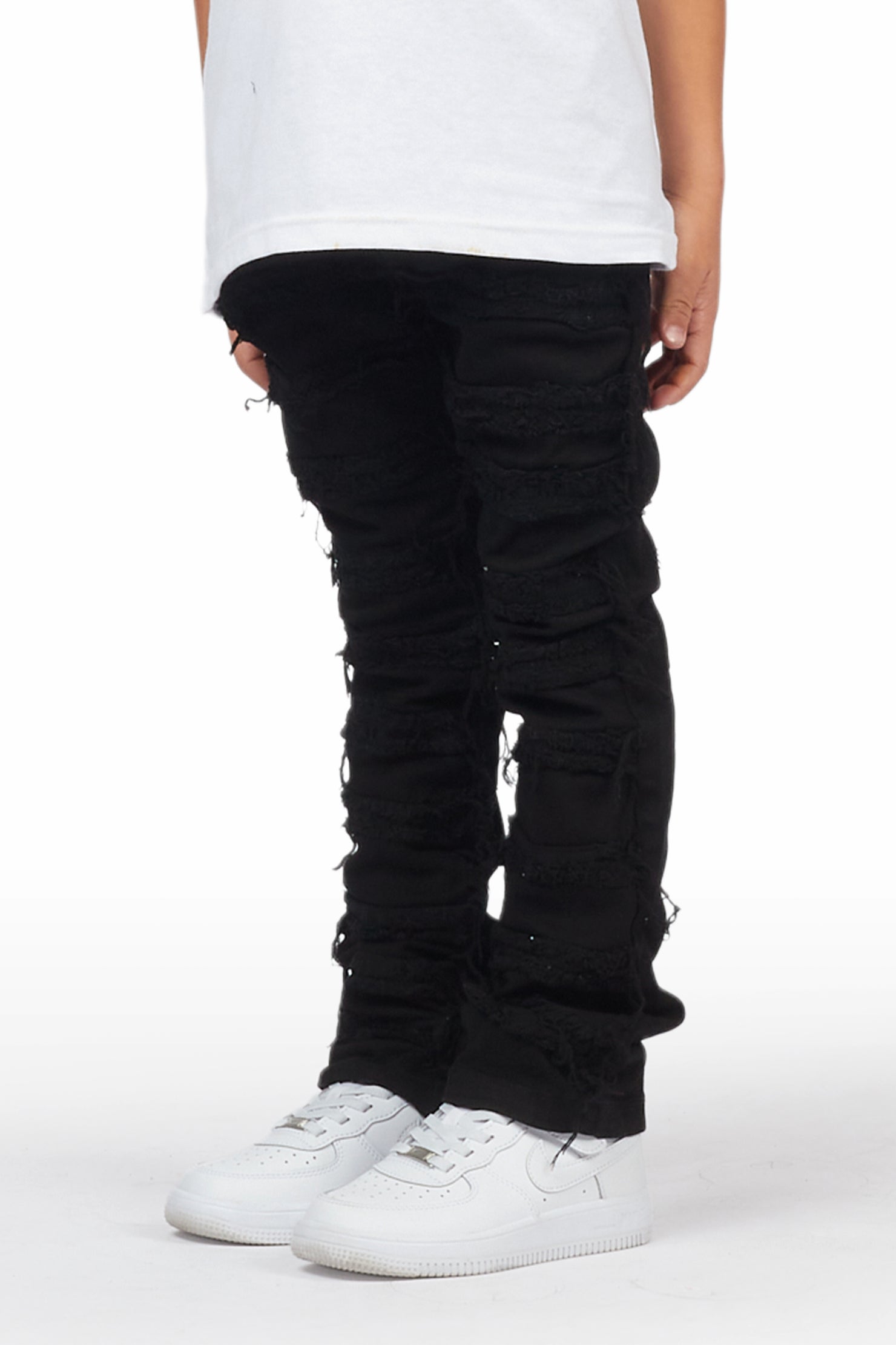 Boys Cullen Jet Black Frayed Stacked Flare Jean