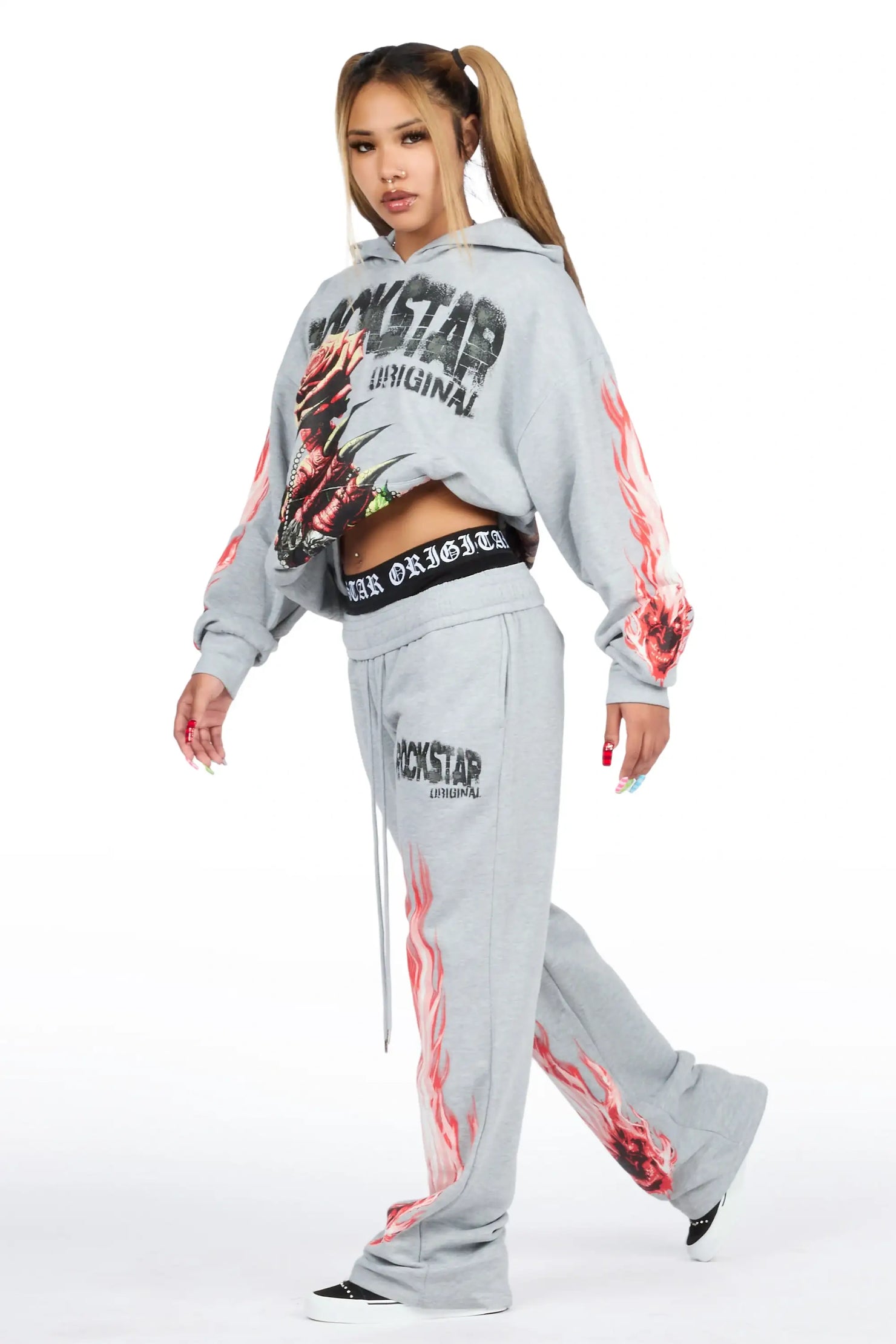 Kyntra Heather Grey Graphic Baggy Fit Track Set