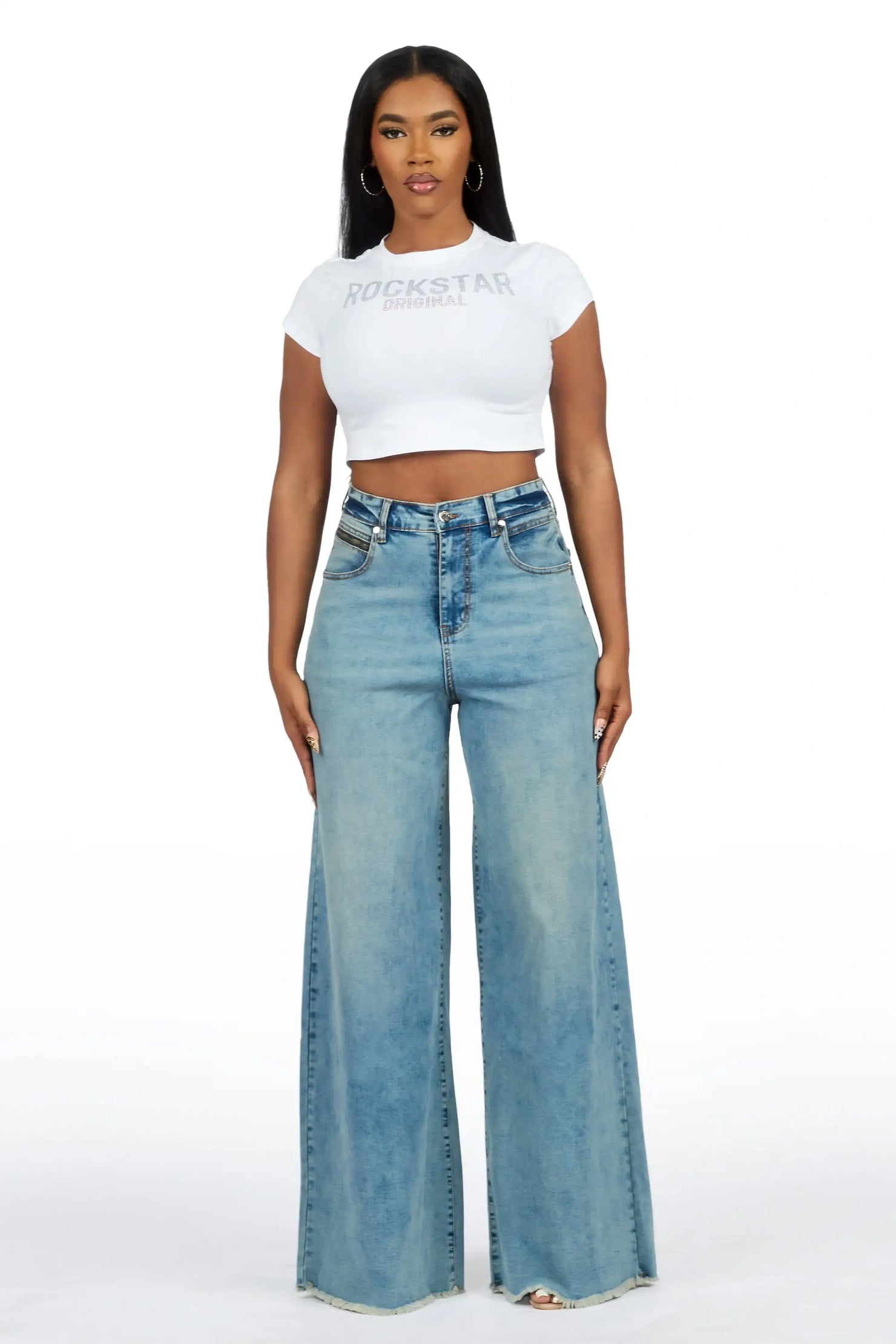 Cegaria Light Wash High Rise Elastic Back Stretch Baggy Jean