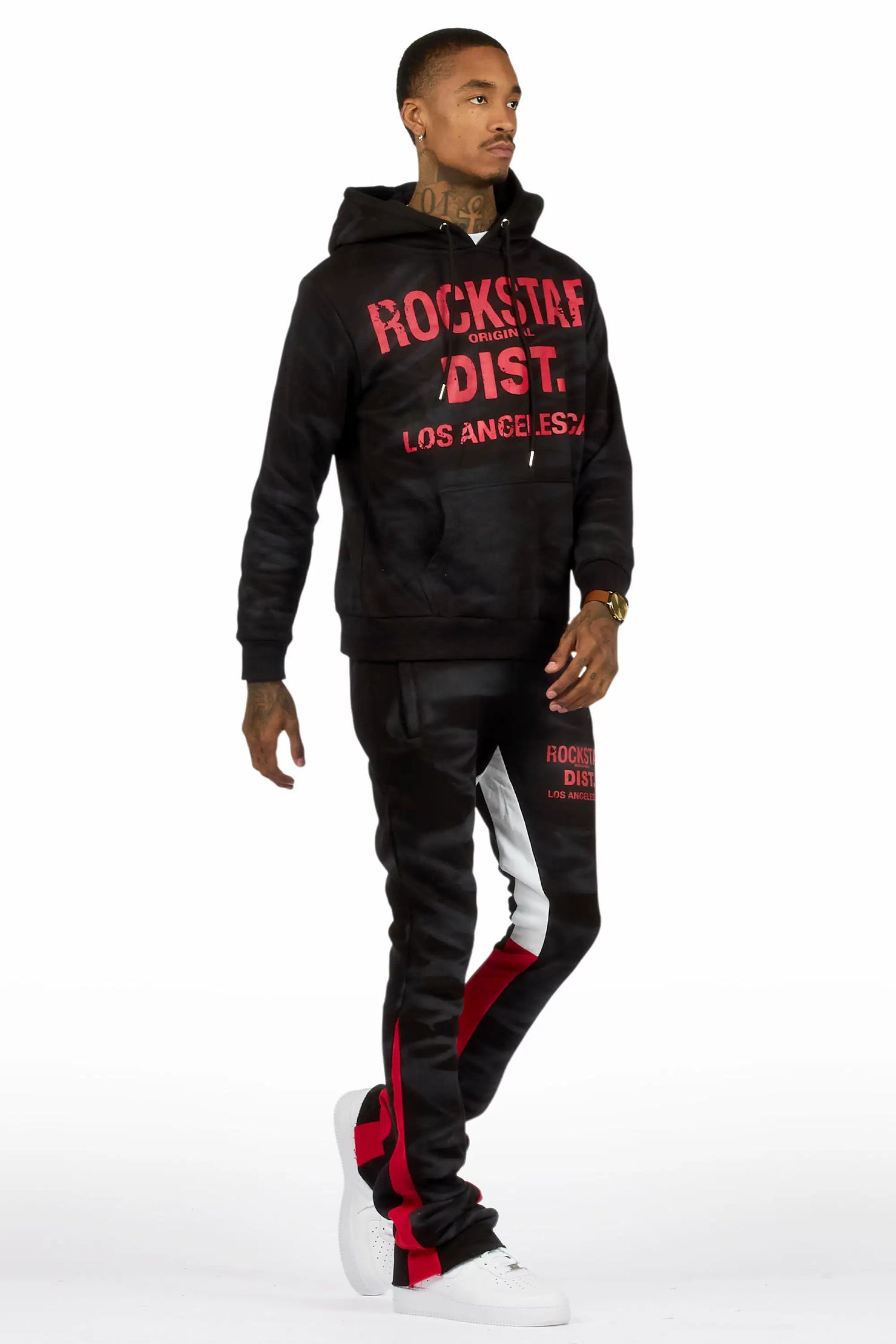 Nelly Black Spray Wash Hoodie Stacked Flare Track Set