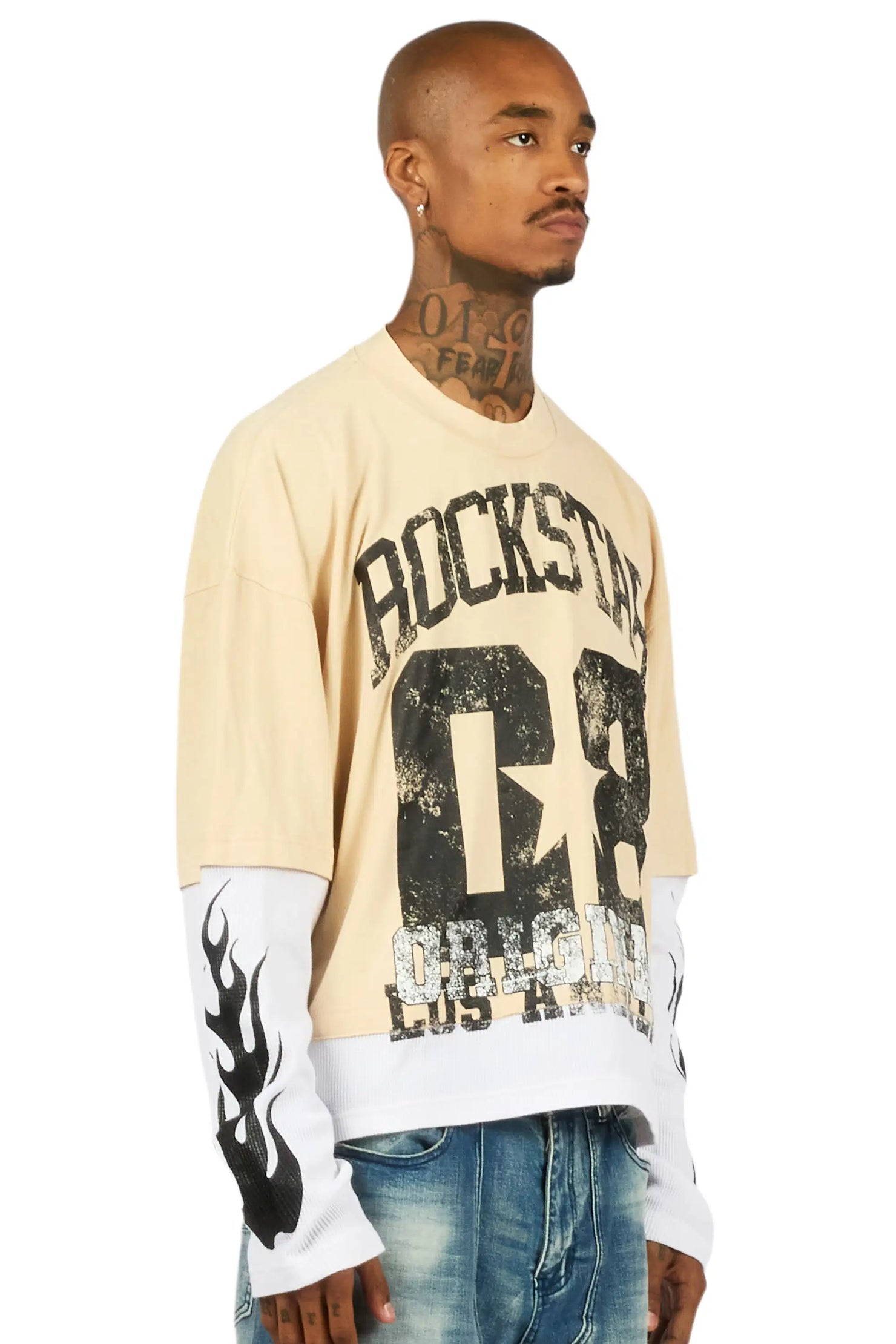 Flamur Beige/Black Double Layer Long Sleeve Graphic T-Shirt