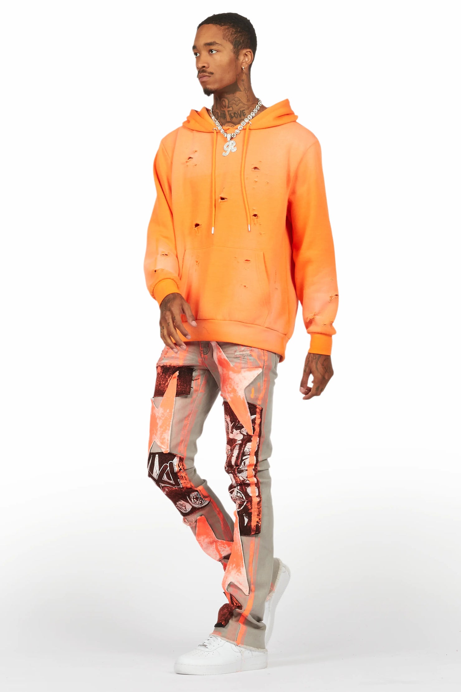 Valko Grey/Orange Roller Paint Stacked Flare Jean