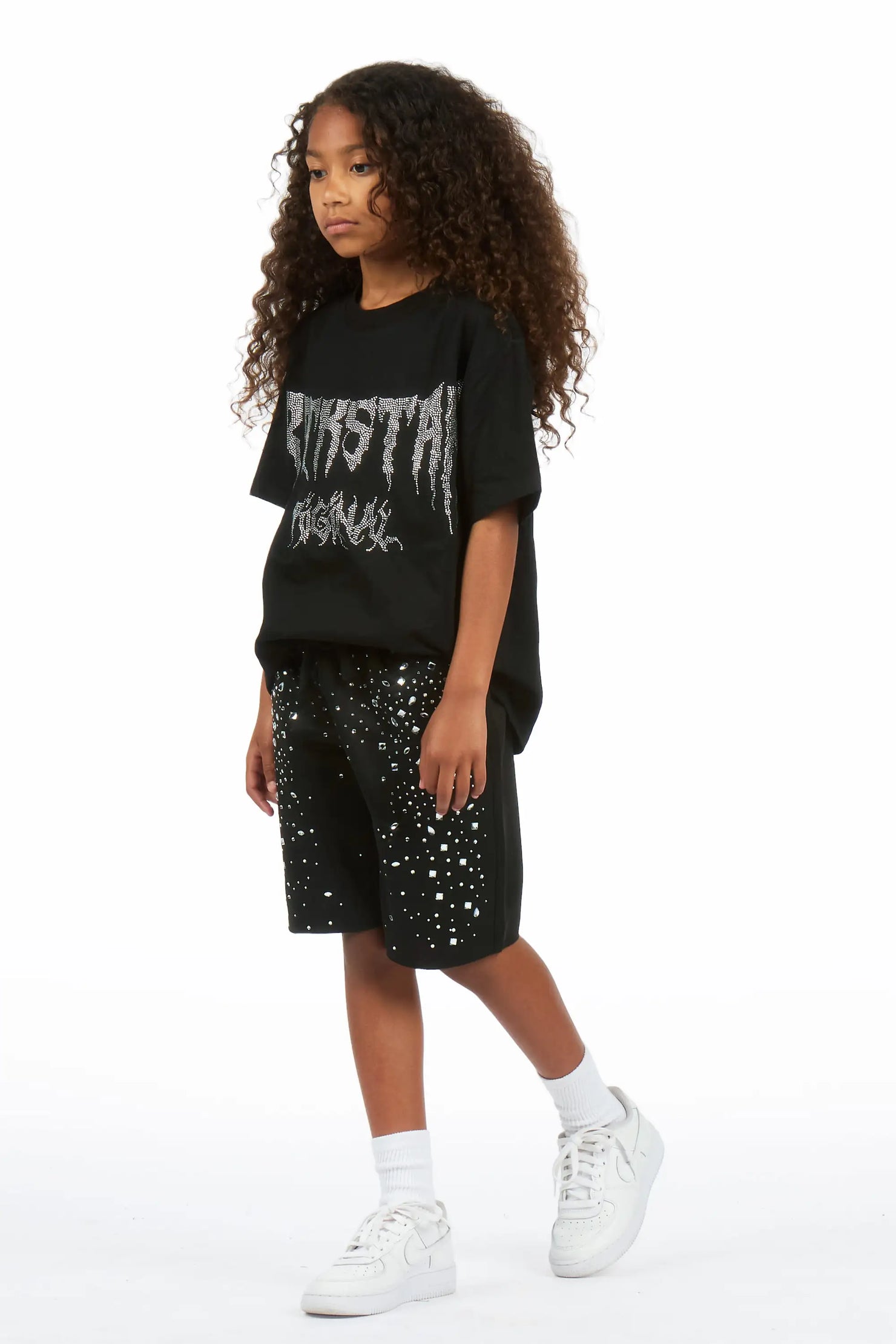 Girls Porsha Black Rhinestone Short Set