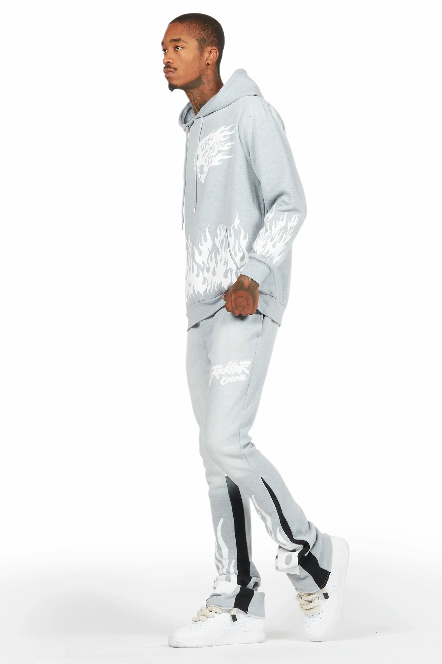 Bubble Heather Grey Stacked Flare Hoodie Track Set