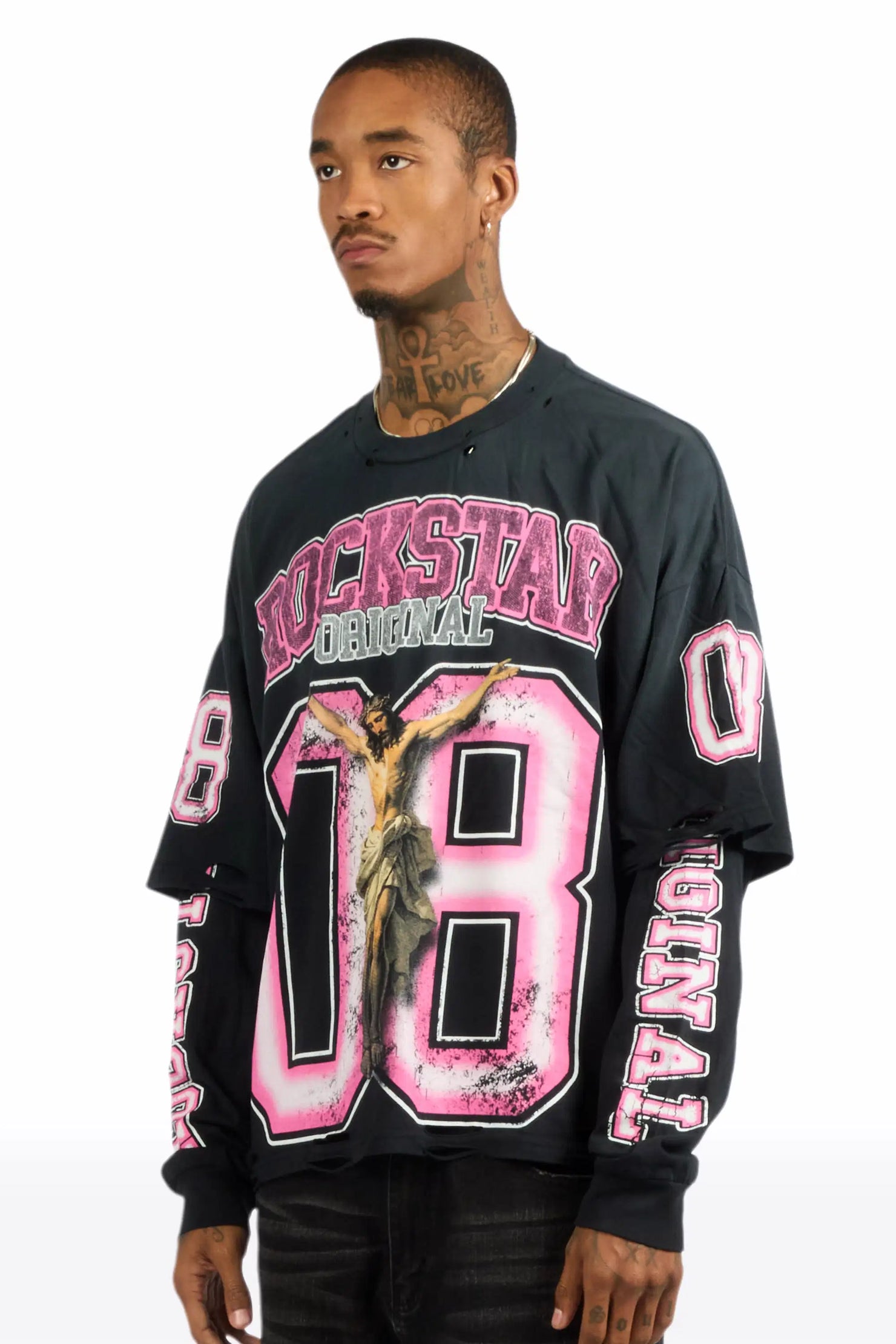 Fields Black/Pink Double Layer Long Sleeve Graphic T-Shirt