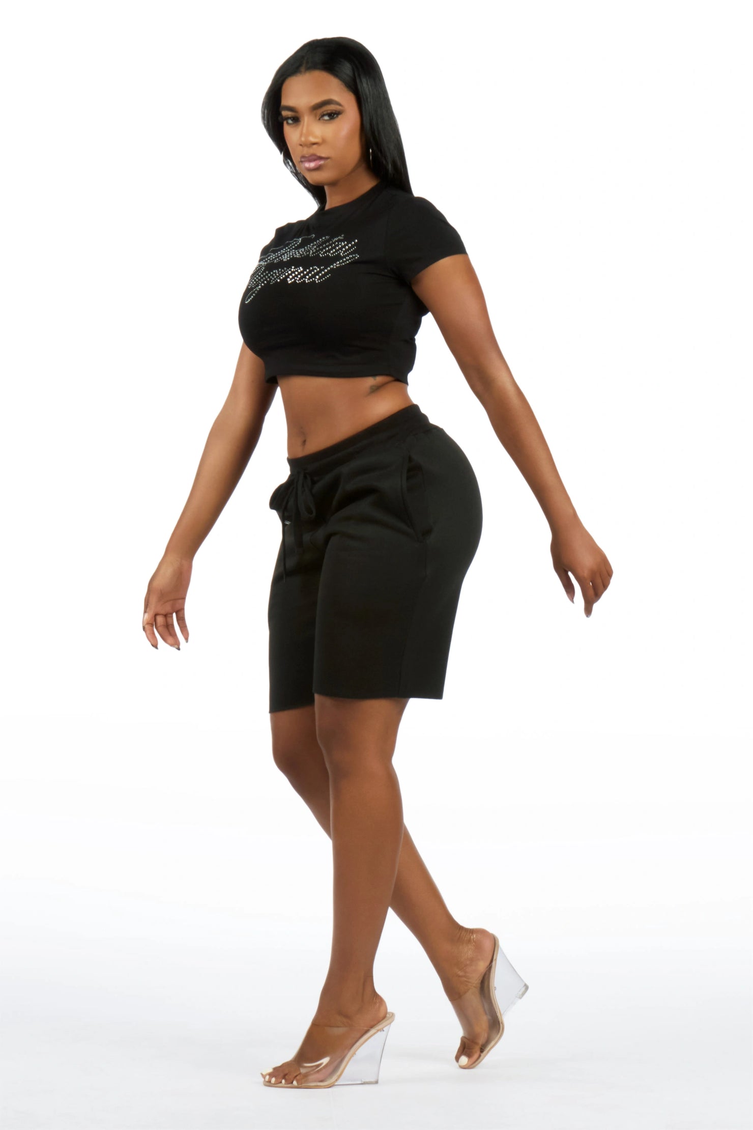Taiesha Black Rhinestone T-Shirt Short Set