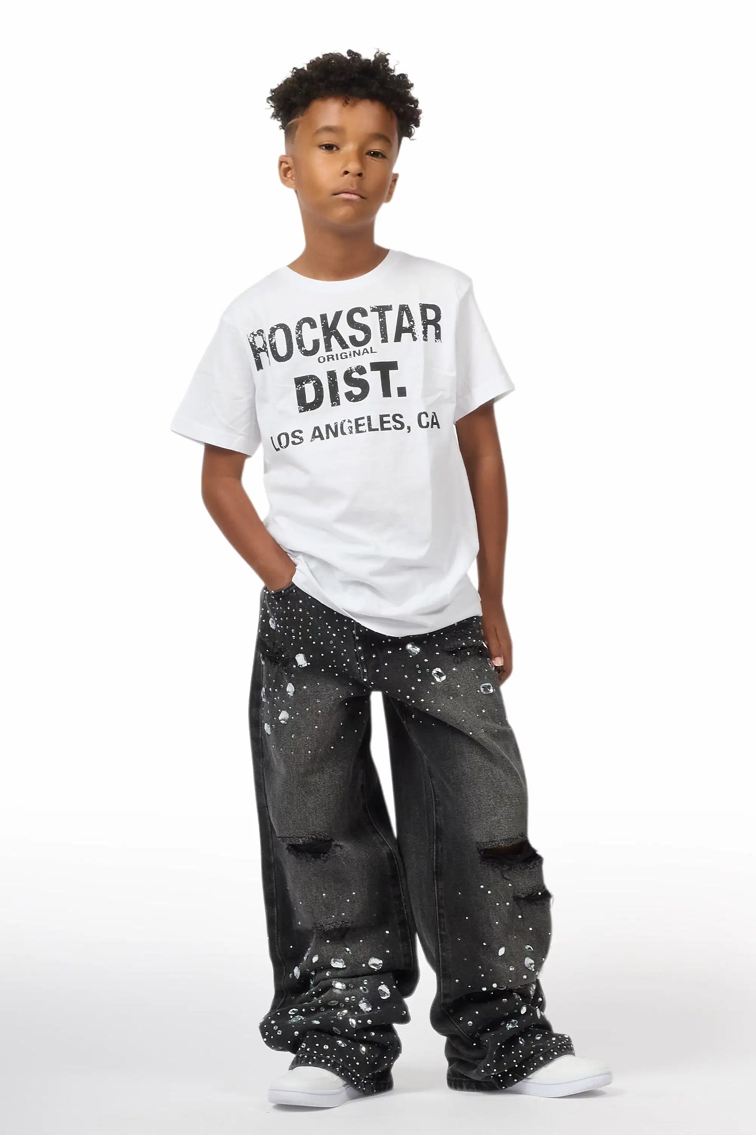 Boys Glanz Rhinestone Dark Grey Baggy Fit Jean