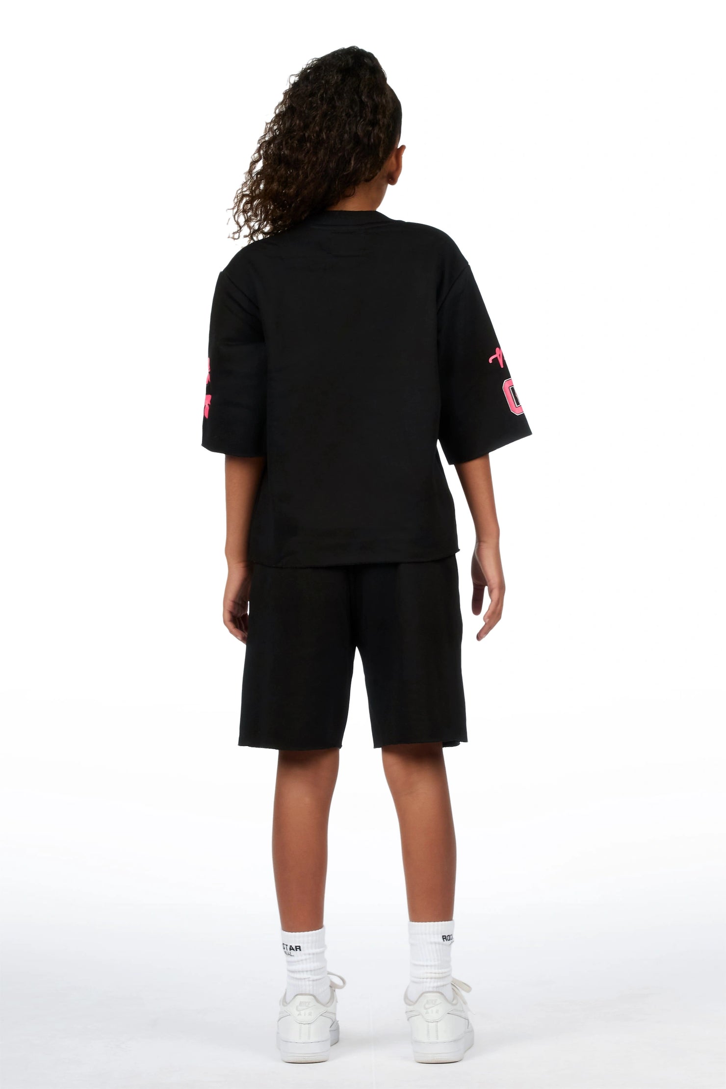 Girls Leslee Black/Pink Boxy T-Shirt Short Set