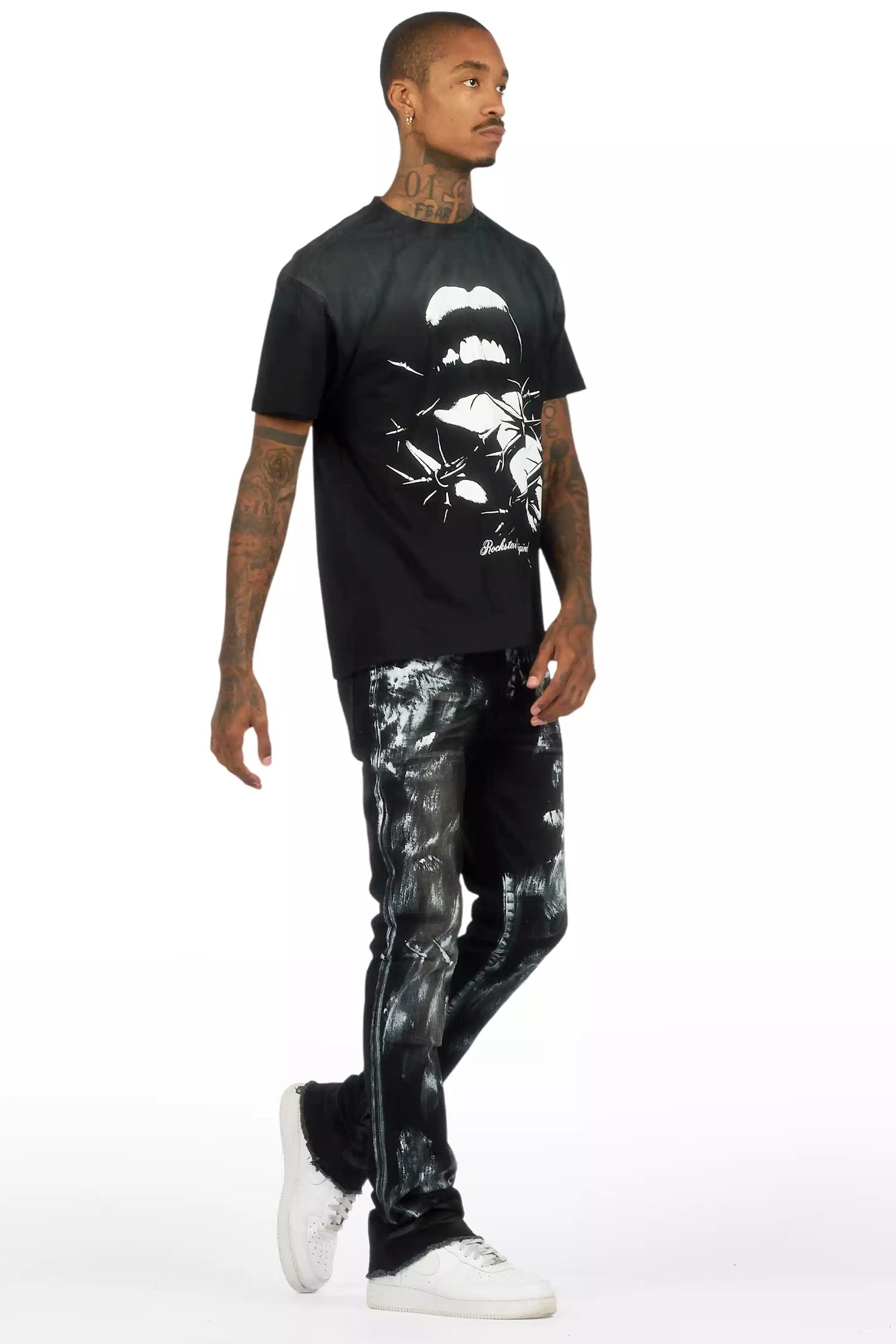 Schmear Black Oversized Graphic T-Shirt/Painted Stacked Flare Jean Bundle