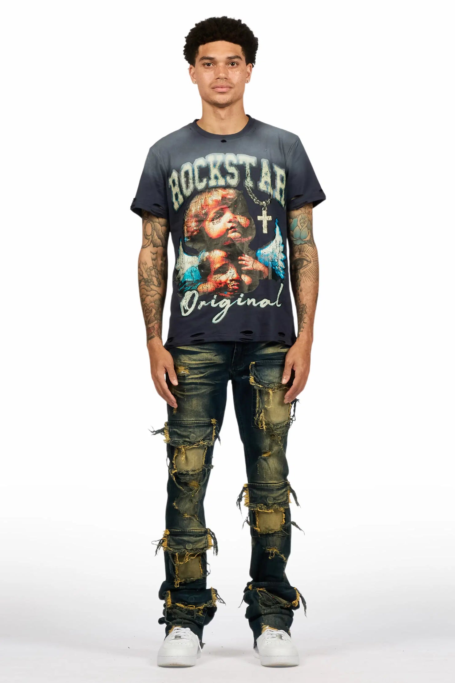 Pooja Dark Blue Super Stacked Flare Jean