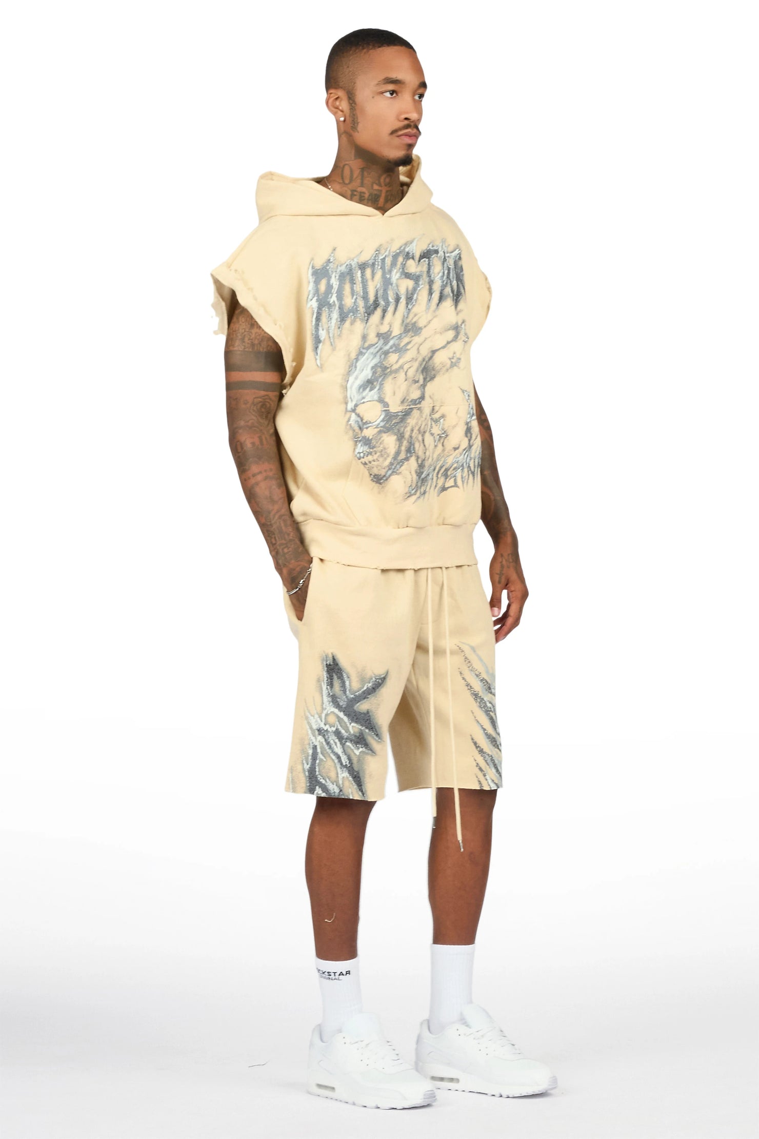 Jantra Beige Cut Sleeve Hoodie Short Set
