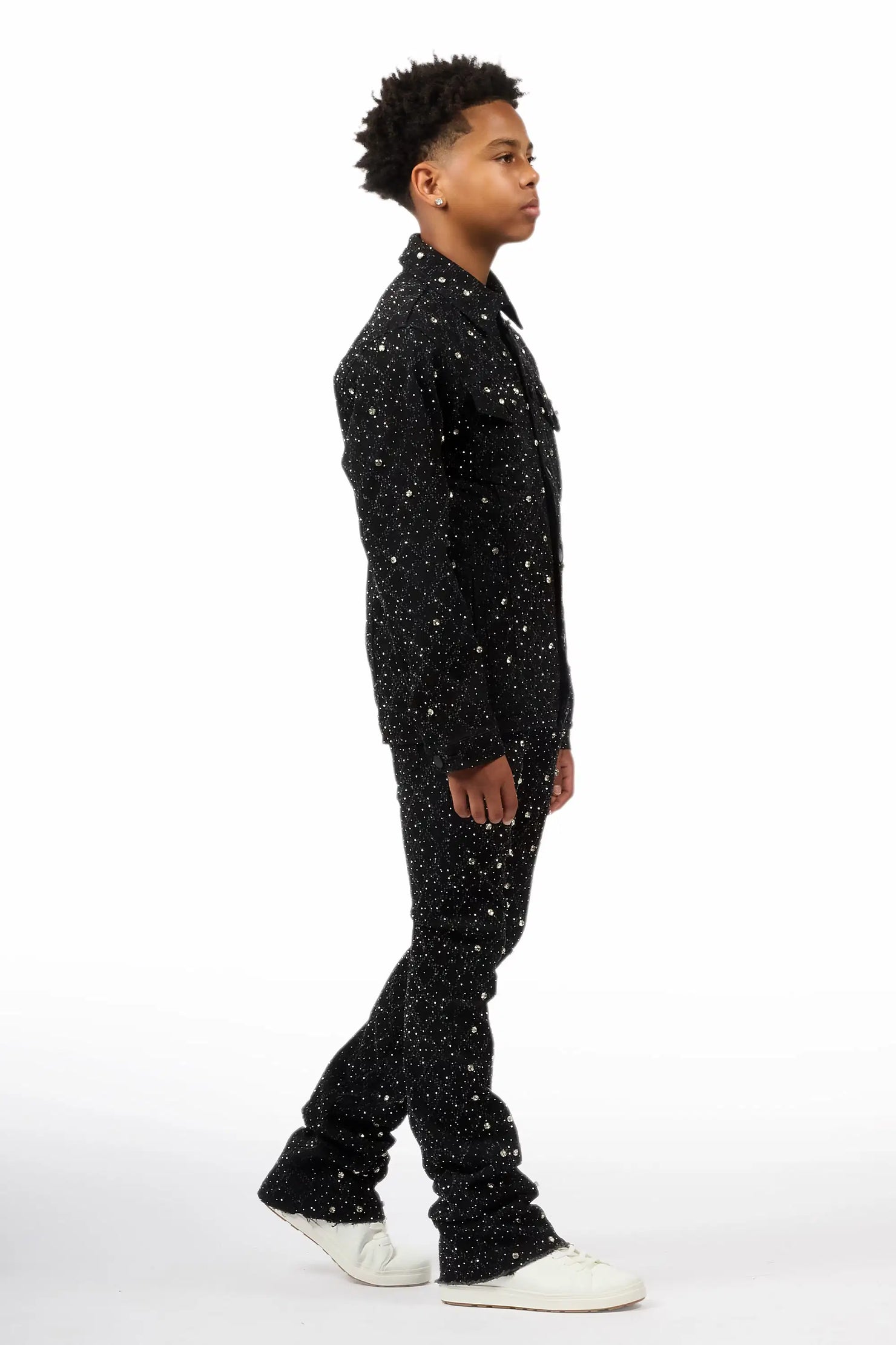 Boys Sareka Black Rhinestone Denim Jacket & Sareka Stacked Jean Set